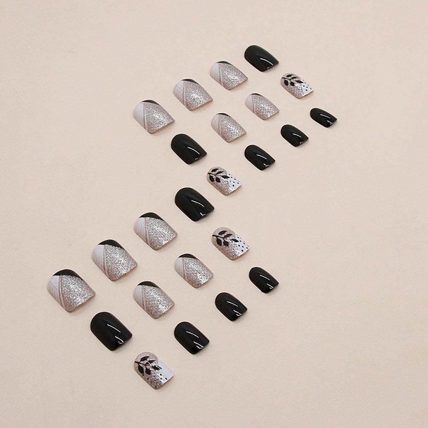 Vezocim Leaf Press on Nails Square Shapes, 24Pcs Black Short Artificial Fake Nails with Leaf Designs, Full Cover Glossy Coffin Acrylic False Nails, Stick on Fingernails for Women Girls(W1103)