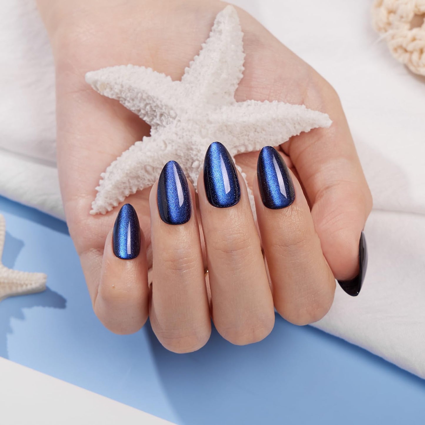 VSALON Press on Nails Short Almond - Blue Cat Eye Chrome Glue On Nails Kit for Women, Reusable Opaque Gel Stick on Nails with Glue & Cuticle Oil - 32 PCS Fake Nails in 16 Sizes (Midnight Tide)