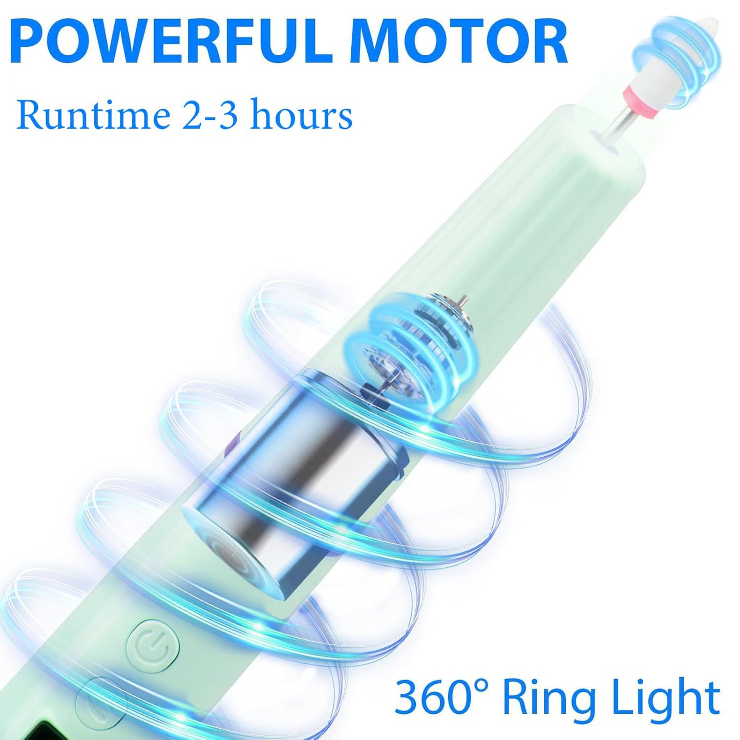 Cordless Electric Nail Drill with 360° Ring Light, Portable Nail File Kit for Acrylic, Gel Nails, Portable Home Manicure Kit for Manicure and Pedicure(Turquoise)