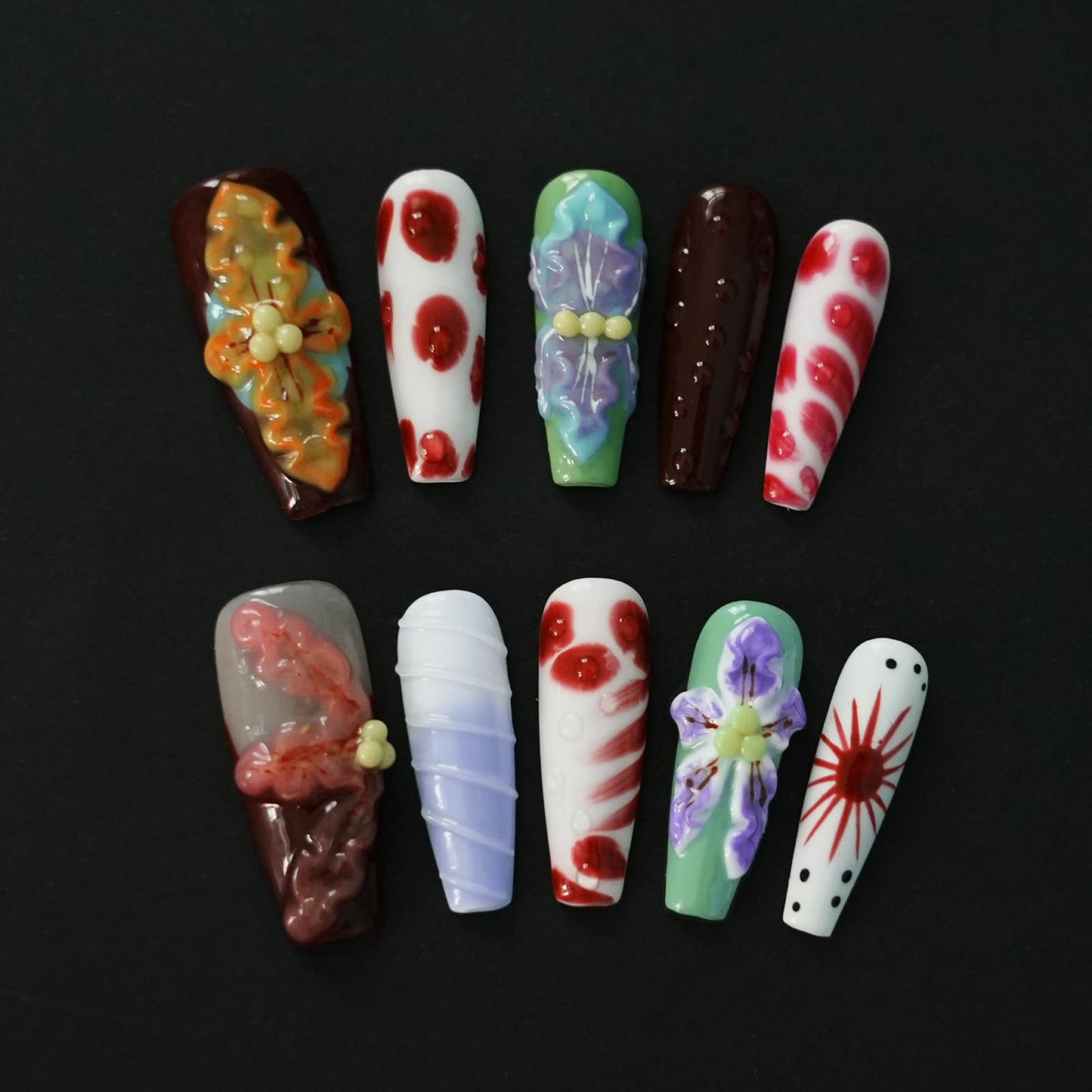 Tesytto Long Coffin Press On Nails with 3D Floral Design - Summer Multicolor Thick Luxury False Nails Reusable Acrylic Nails (Summer Stories,M)