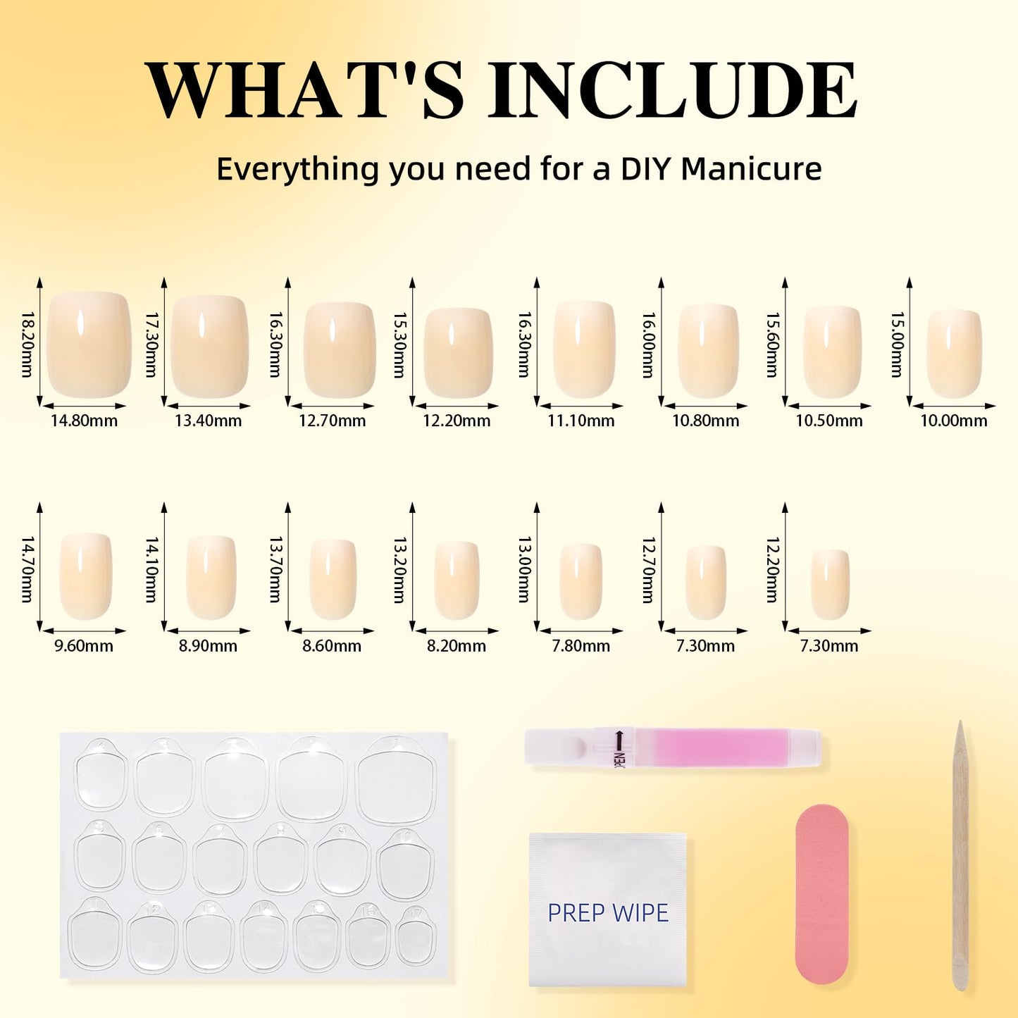 Leefrei Press On Nails - Short Square Yellow Fade Press on Nails Glossy Finish Nails Press Ons for Women DIY Fake Nails Kit with Glue, Reusable Glue on Nails Short in 15 Sizes - 30pcs, Butter Milk