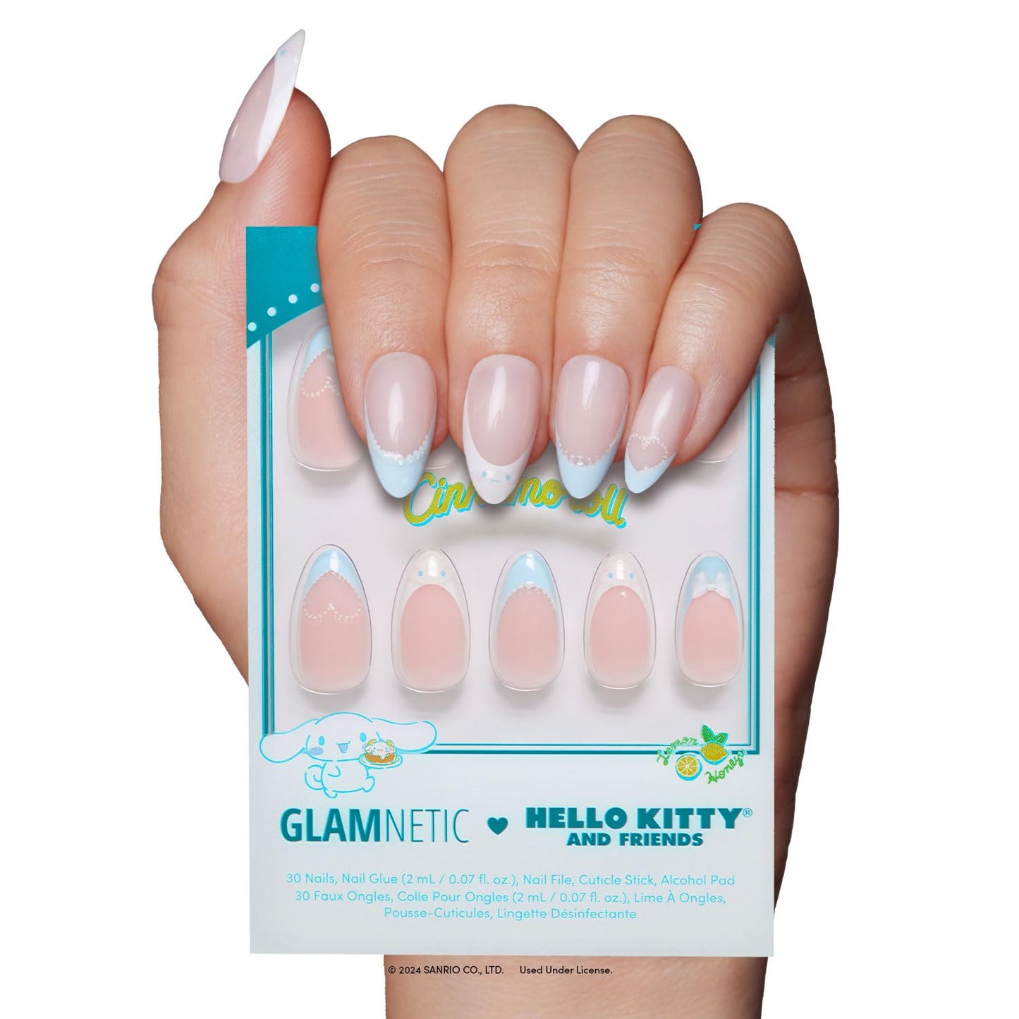 Glamnetic x Hello Kitty® and Friends Press On Nails - Cinnamoroll™ French Tip | Short Almond Blue 3D French Tip Graphic Fake Nails in a Glossy Finish | 15 Sizes - 30 Nail Kit with Glue