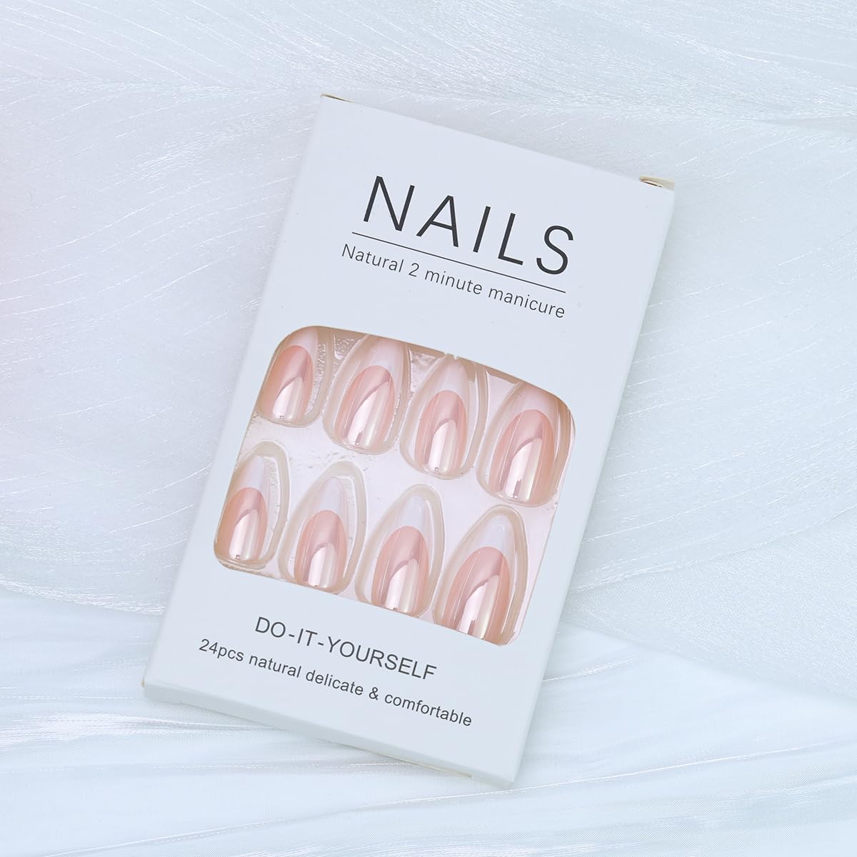 24 Pcs White French Tip Press On Nails Medium Almond Glossy Fake Nails Nude Pink Acrylic Glue On Nails Reusable Elegant Minimalist Nail Art for Women