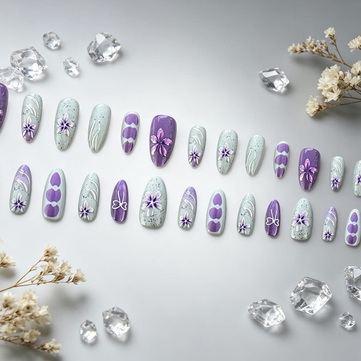 3D Press On Nails Almond Medium Light Purple Fake Nails with Cat's Eye Embossed Flower Summer Designs, Acrylic Artificial Nail Press ons False Stick On Nails for Women Girls 30Pcs