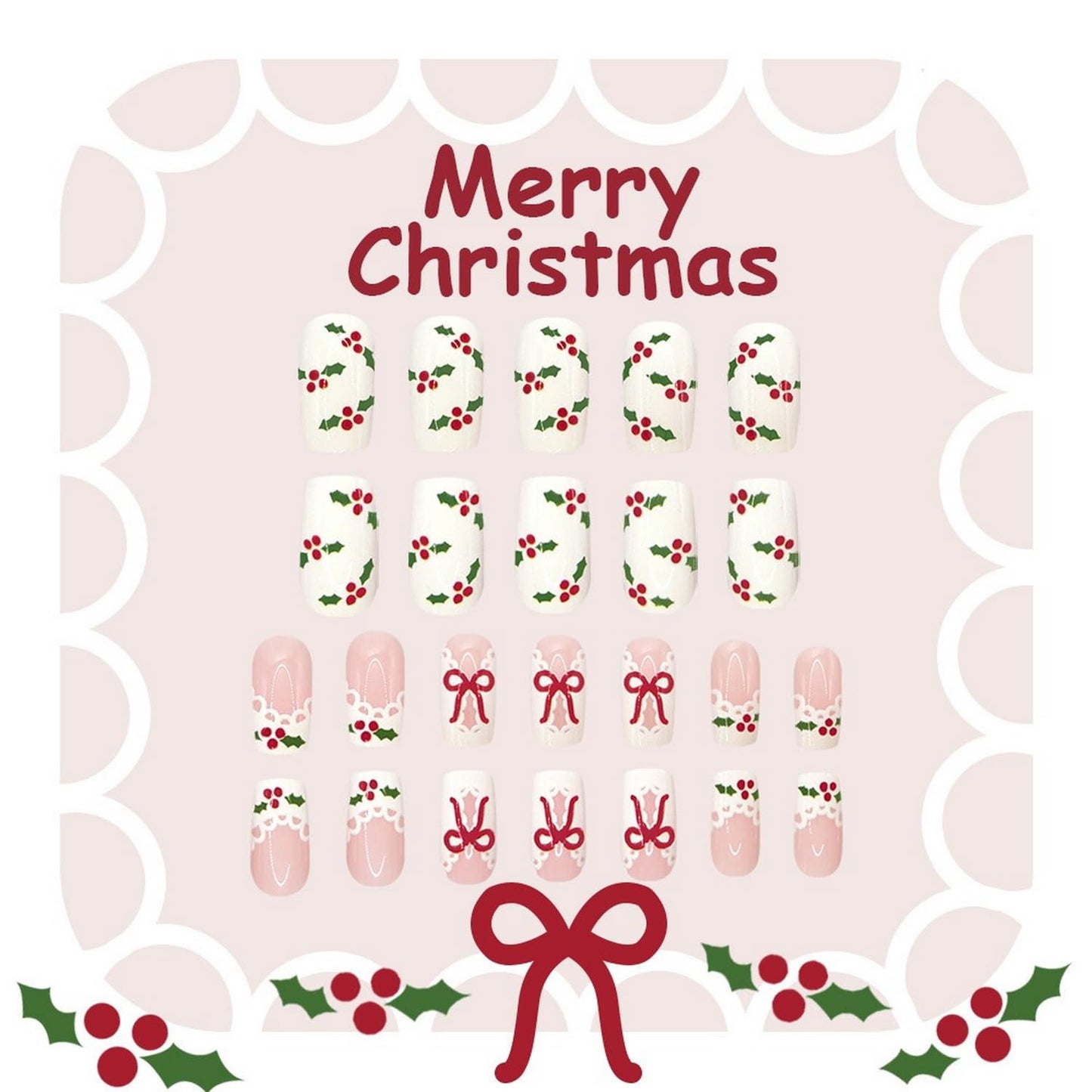 Christmas Press on Nails Short Square Fake Nails with White Red Green French Knot Lace Edge Design False Nails Full Cover Bow Acrylic Nail for Women DIY Manicure Decoration 24 Pcs