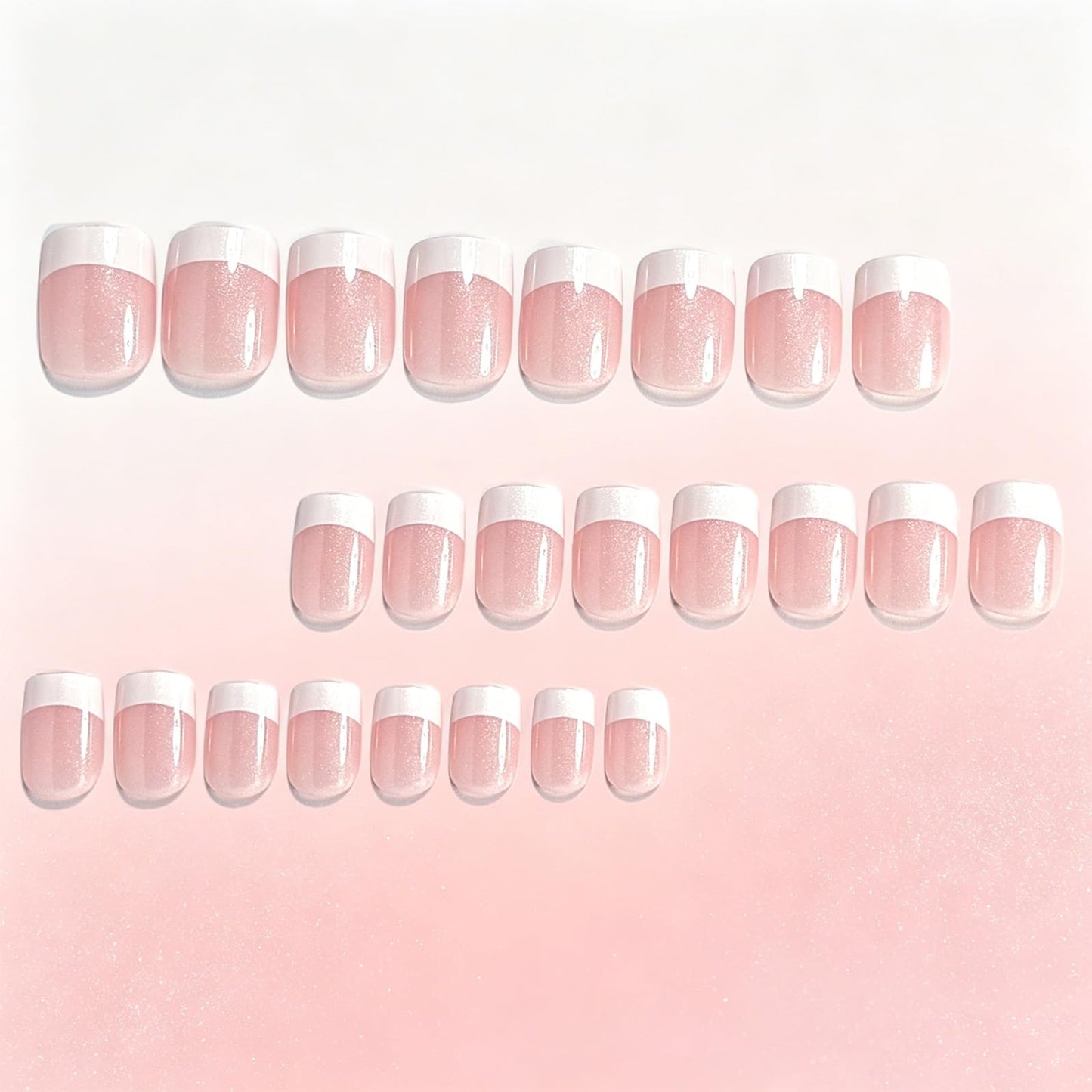 Short Square Press On Nails White French Tip Nude Glossy Fake Nails Sparkly Glitter False Nails Reusable Acrylic Stick On Nails for Women Daily Home Office, 24 Manicure Kit with Adhesive Tabs