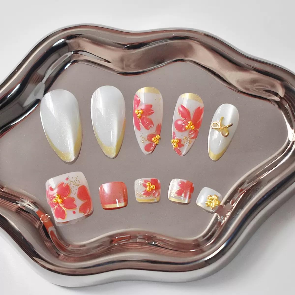 48Pcs Almond Press on Nails & Press on Toenails Set, Medium Press on Nails, Gold French Tip Press on Toenails with Flower Bow Design Fake Nails for Women Manicure Kit
