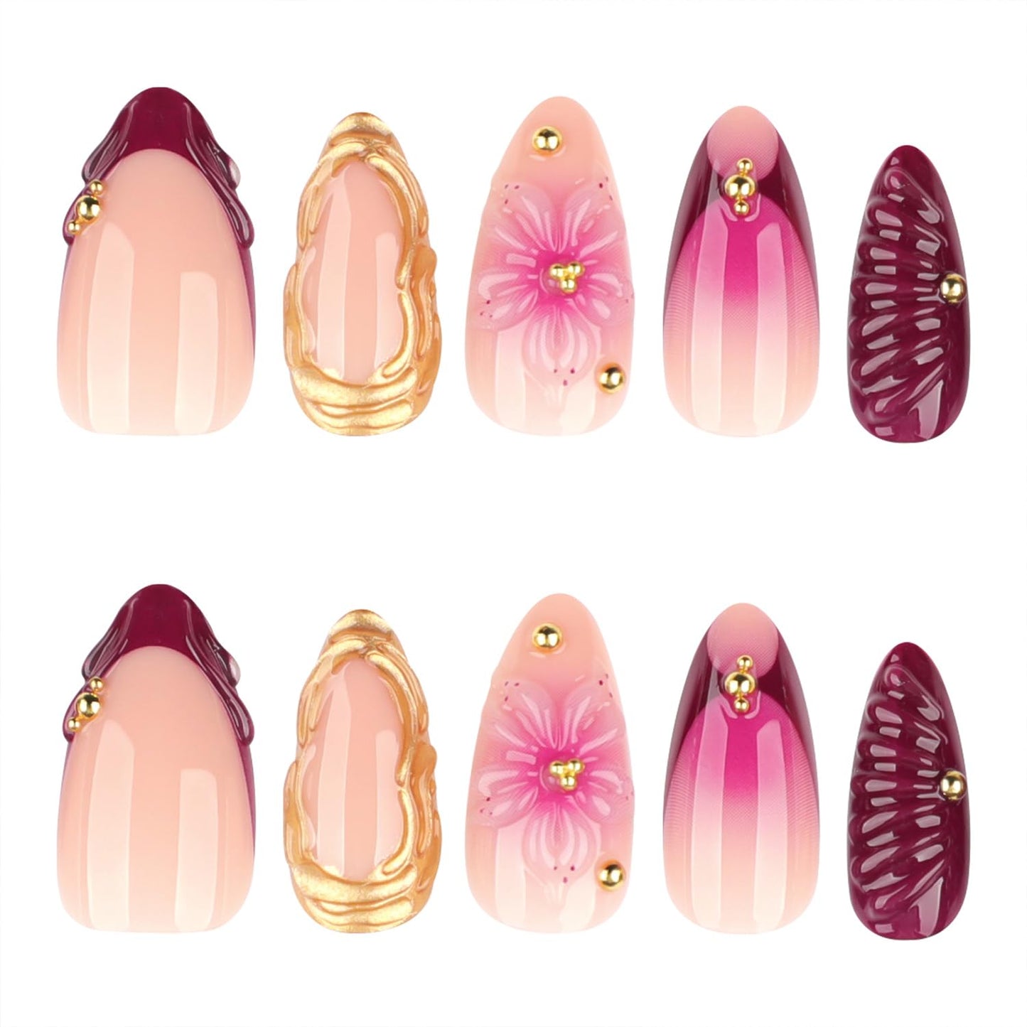Mivota Soft Gel Press On Nails Almond Floral Design, Burgundy Pink Gold Foil Flower Glue On Fake Nails Glossy Reusable Acrylic Look False Nails for Women 24PCS