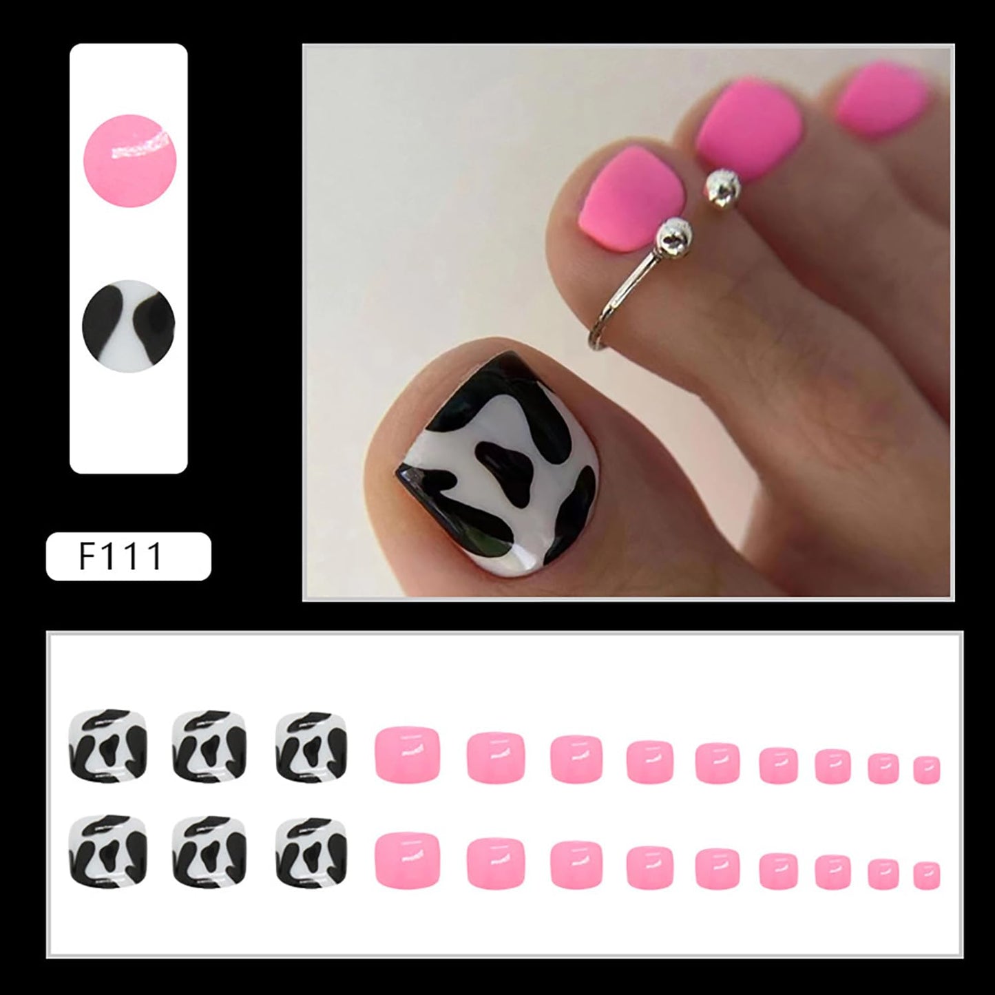 Vezocim Artificial Fake Toenails Sets, 24Pcs Pink Press on Toenails with Cow Print Designs, Glossy Full Cover Acrylic False Nails for Toe Press ons Toenails with Charm for Women