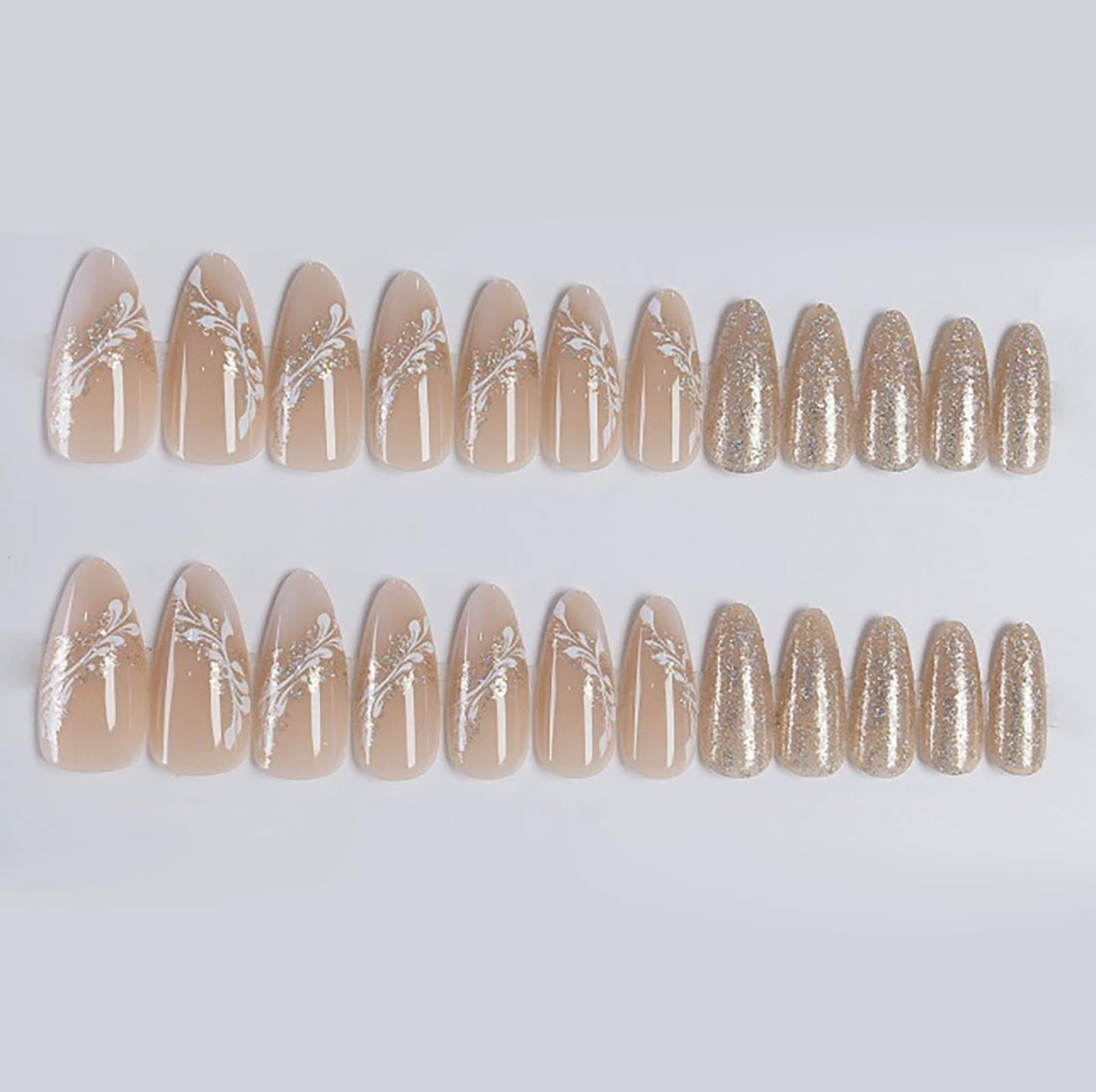 Medium Almond Press on Nails with Designs Gold Glitter Nude White Pink Flower Fake Nails Press ons Acrylic False Nails Glossy Artificial Stick on Nails for Women Girls 24 Pcs