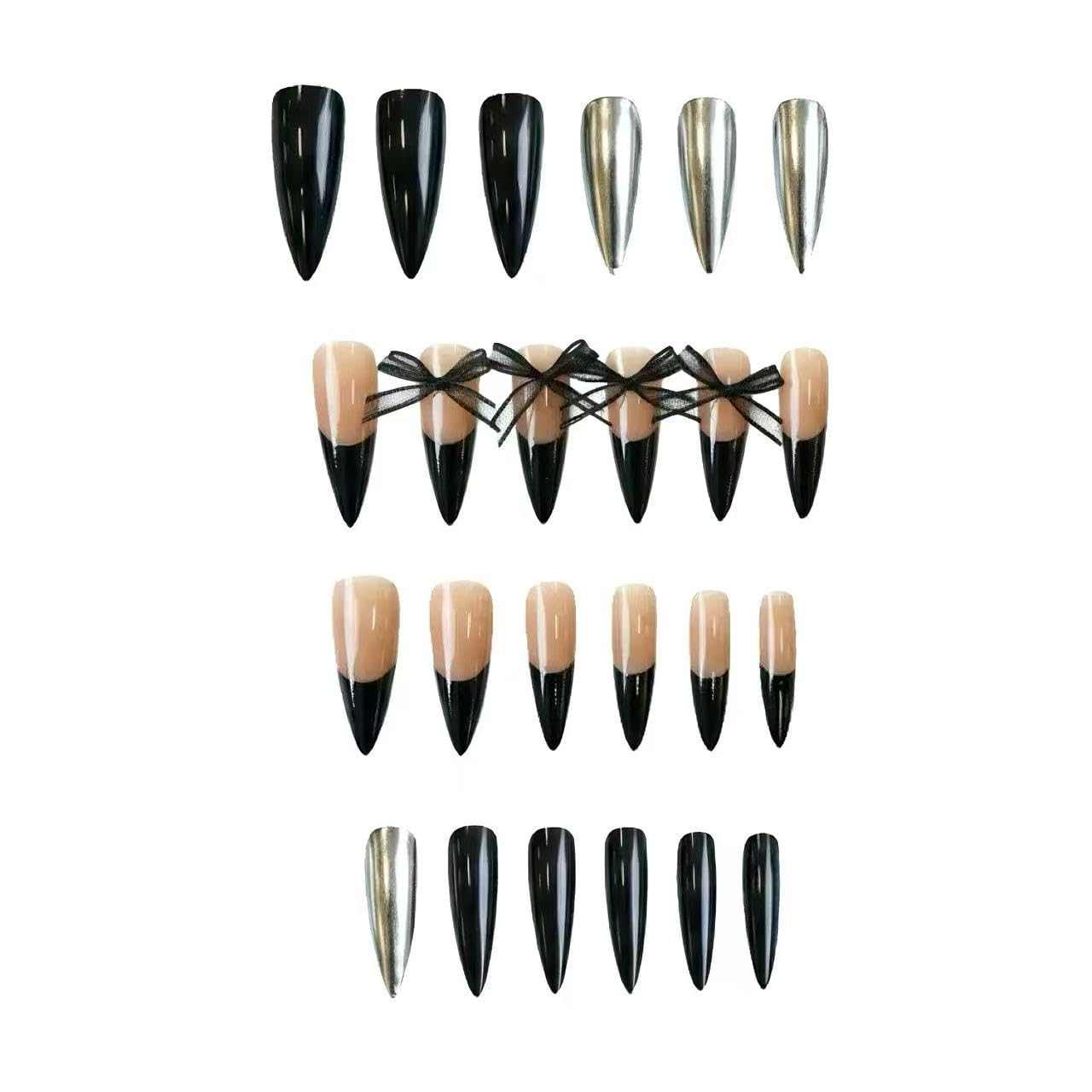 C.Z.Z.T.T.NAILS premium self-adhesive nail stickers, featuring black, gold, and nude French tip designs with bows. Includes 24 pointed, reusable press-on nails suitable for women, perfect for parties.