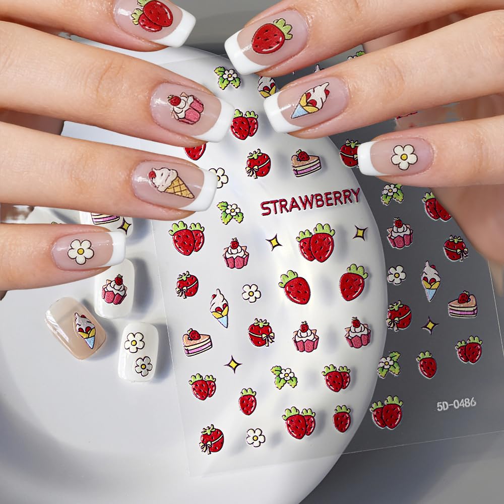 6 Sheets Fruits Nail Stickers for Nail Art Summer, 3D Self-Adhesive Nail Decals with Strawberry Cherry Pattern, Nail Supplies Nail Art Design Accessories for Women and Girls Manicure DIY Decoration