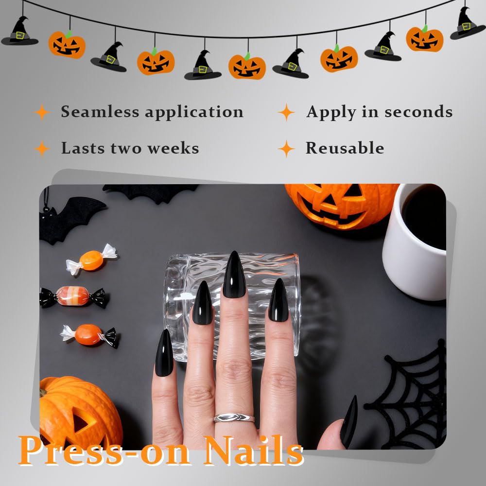 XZMeiLun Halloween Press On Nails Medium Long Stiletto Almond, Acrylic Press On Nails, Ghost Designer Reusable Fake Nails, Artificial Nail Hallows' Day, Glue On Nail Press Ons for Women