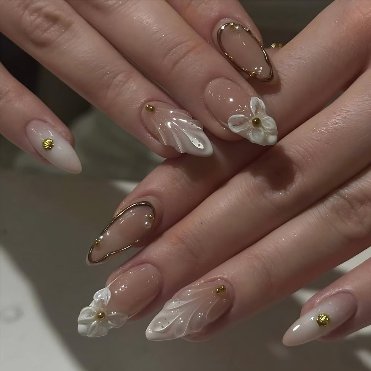 White French Press on Nails with Medium Almond Fake Nails Gold Steel Beads Design French Gradient Nails Press ons Flower Stick on Nails Glossy Full Cover Stick on Nails for Women Daily Wear 24Pcs