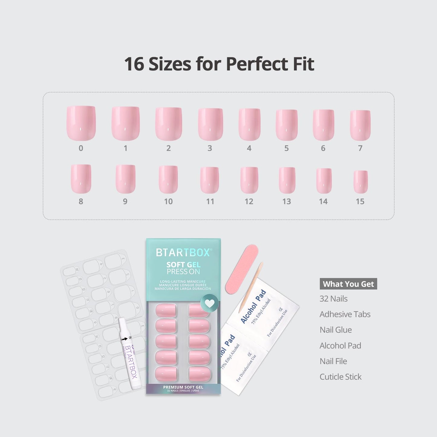 BTArtbox Extra Short Press On Nails - Mom Grace, Easy-to-Apply Pastel Pink Square Press On Nails with Glue and Adhesive Tabs in 16 Sizes - 32 Nails All-in-One Kit