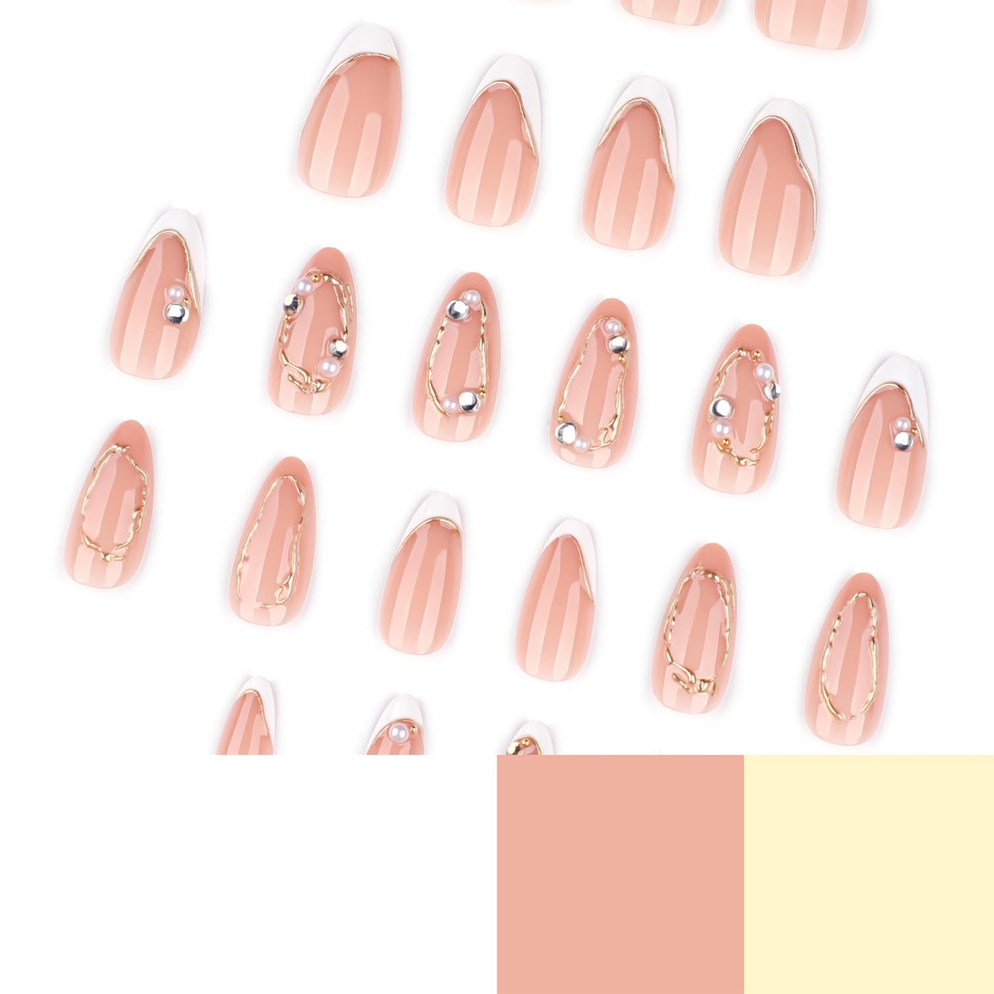 Mivota Soft Gel Press On Nails Almond Nude Pink, Luxury Gold Line Rhinestone Glue On Nails, Reusable Fake Nails Acrylic Look, 24PCS Bridal Wedding Press on Nails for Women