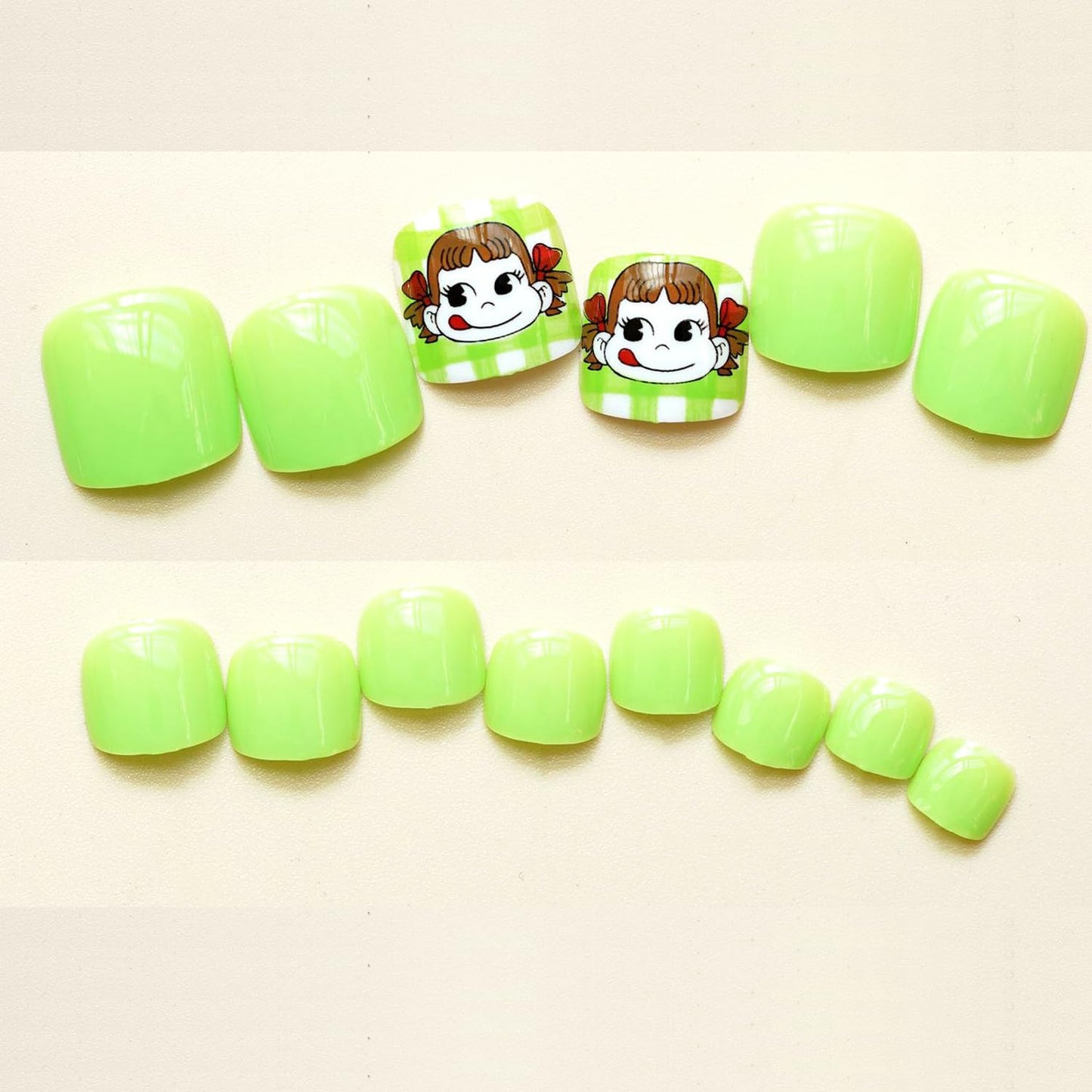 Press on Toenails with Cute Girls Designs, Artificial Green Fake Nails for Toe, Full Cover Glossy Coffin Acrylic False Nails, Glue on Toenails with Charm, Stick on Toe Nails for Women Girls(J198)