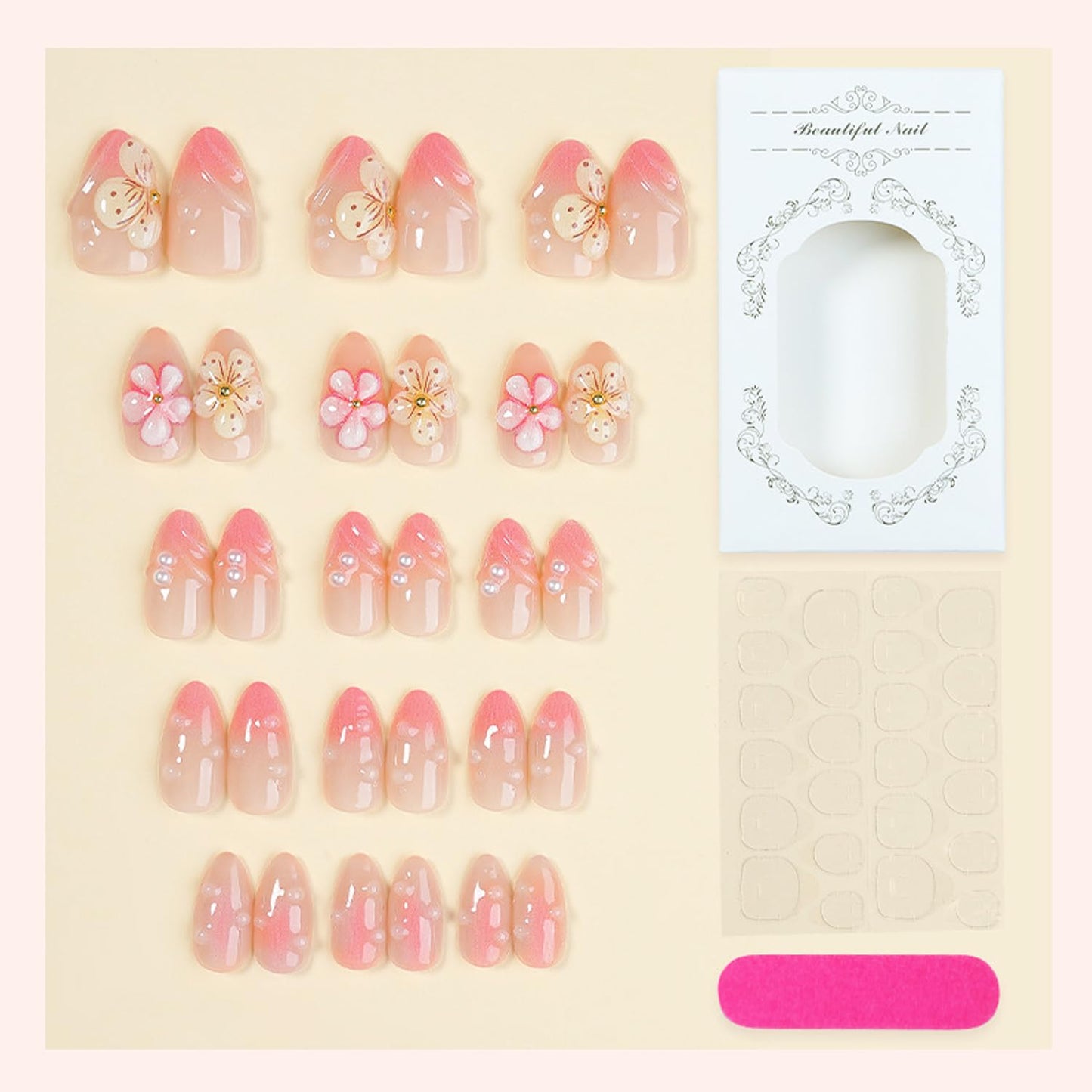 30Pcs Pink Press on Nails Almond Medium Fake Nails 3D Flower Ripple Charm Style, French Pink Nail Art, Floral False Nails Kit Glossy Full Cover Cute Stick on Nails for Sweet Women DIY Manicure