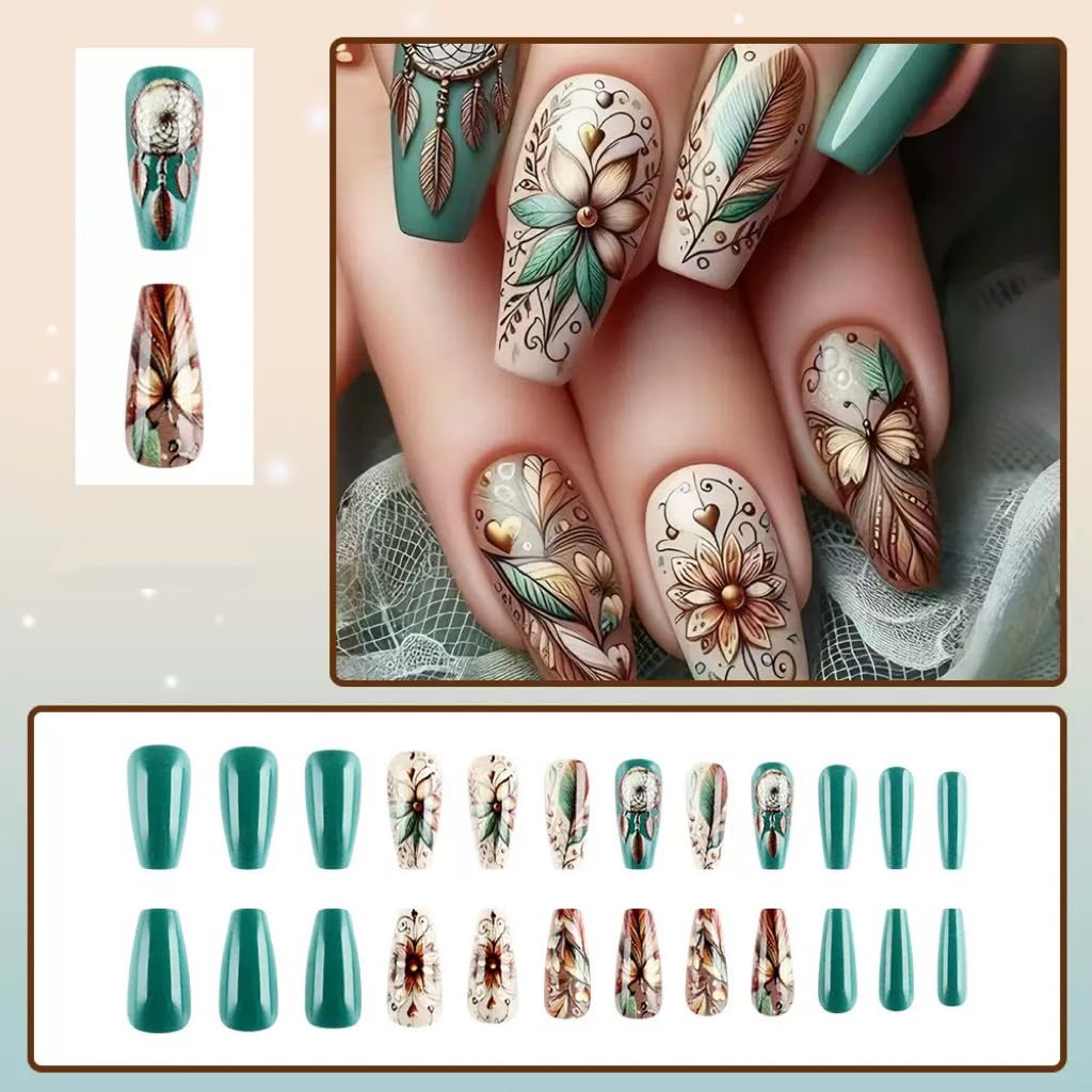 CTTHNBD Yellow French Tip Press on Nails Long - Square Fake Nails with Starfish Design - Glossy Stick on False Nails for Women 24 Pcs