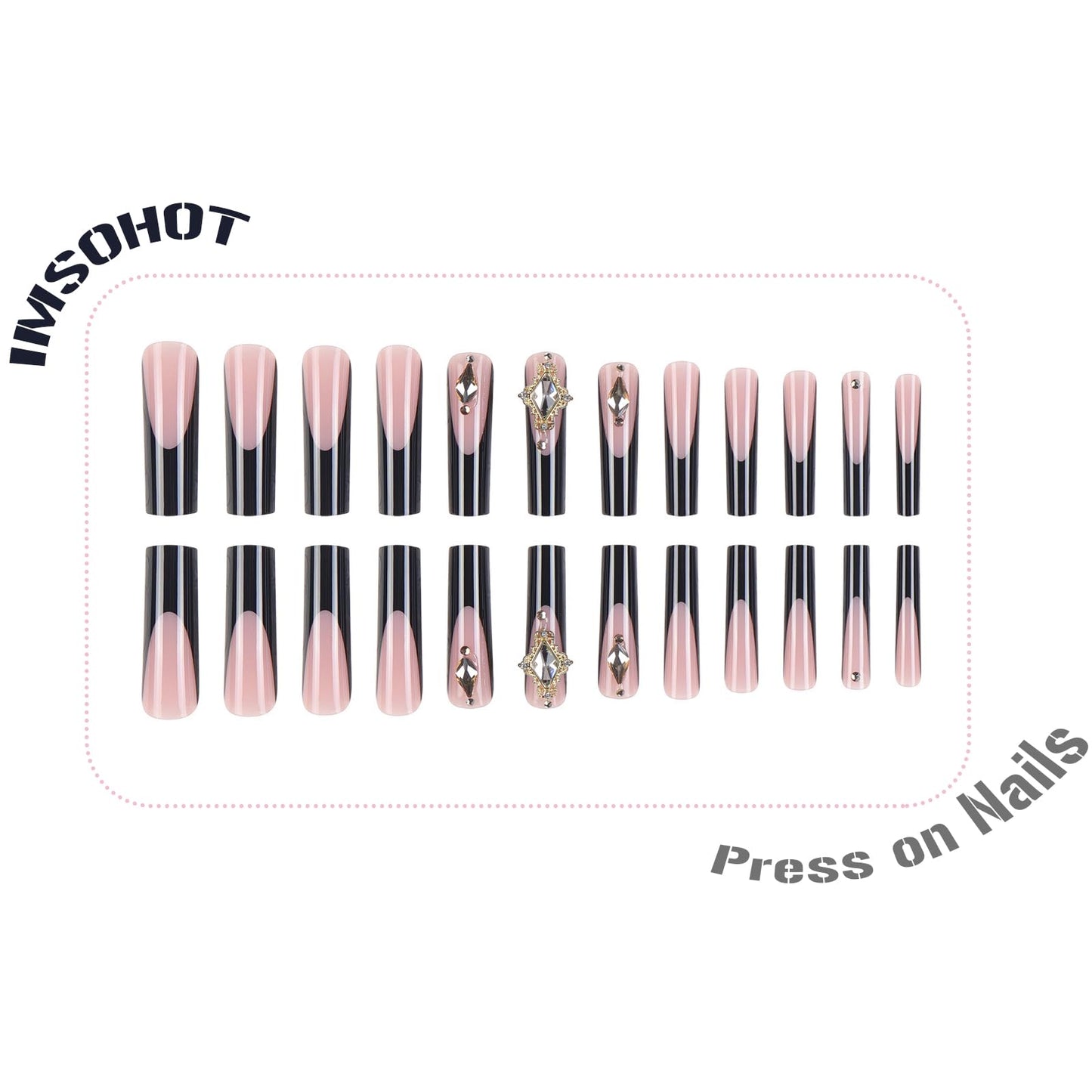 IMSOHOT French Tip Press on Nails Long Square Fake Nails with Golden Rhinestone Design Black Nail Tips Glossy Glue on False Nails Full Cover Stick on Nails for Women