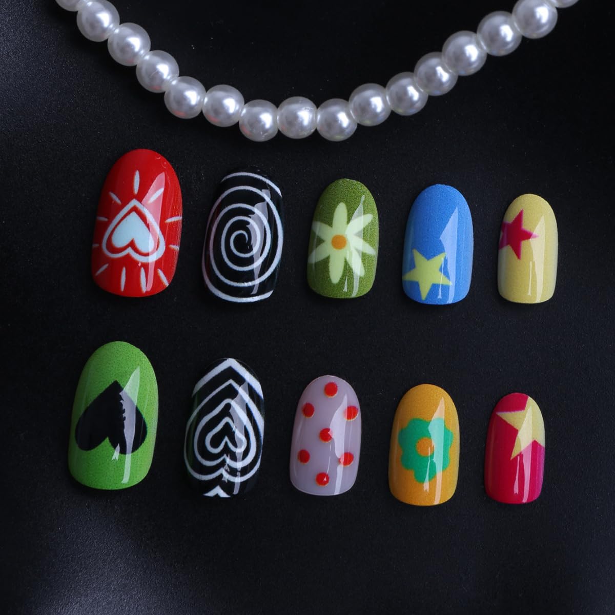 Short Oval Press on Nails Colorful Fake Nails Spring Summer Nails Press ons with Star,Flower,Polka Dot Design,Y2k Reusable Artificial Nails Full Cover Stick on Nails for Women Manicure 24Pcs