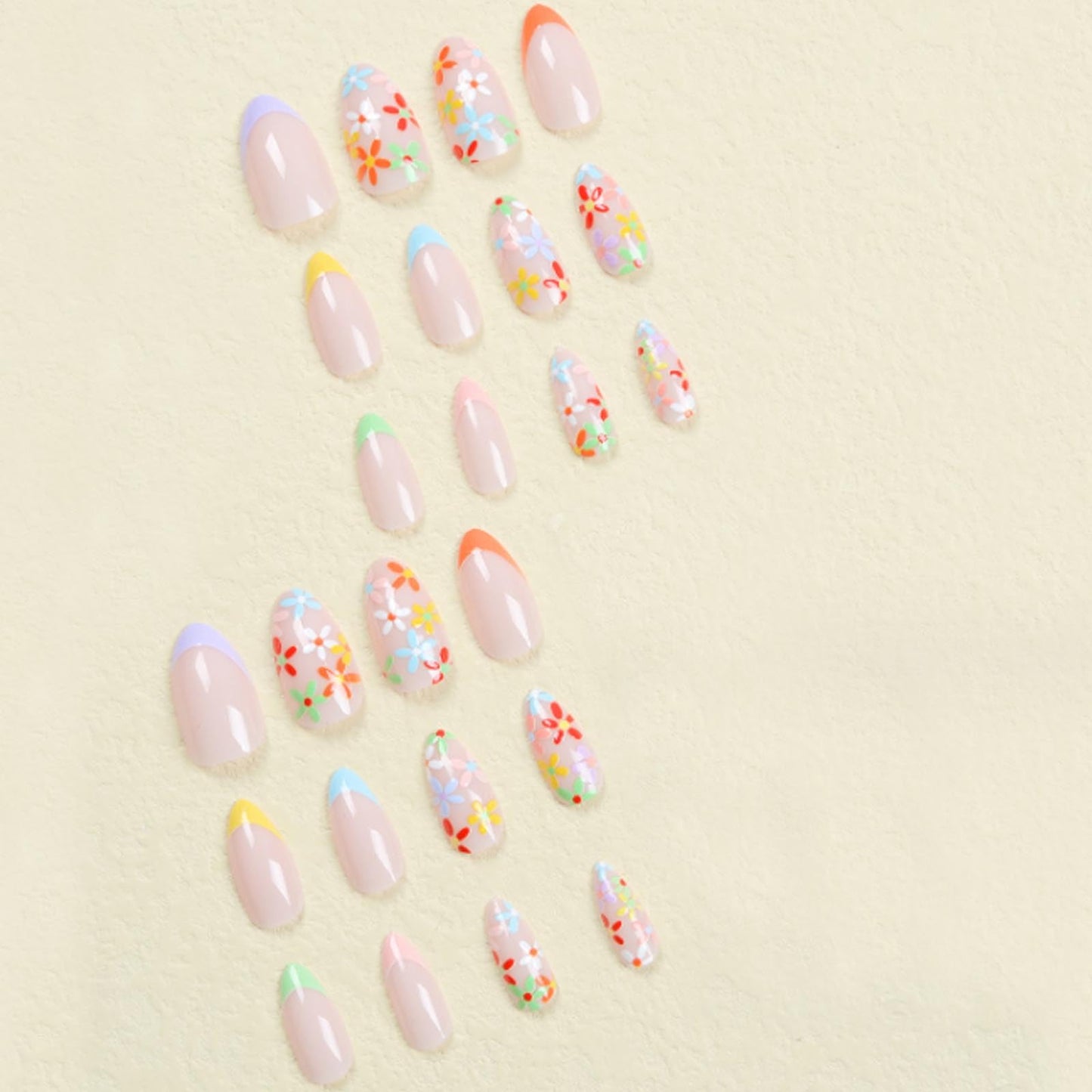 DANMANR Fake Nails Flower Almond Press on Nails Full Cover Acrylic Colorful Short Flase Nails for Women and Girls 24PCS