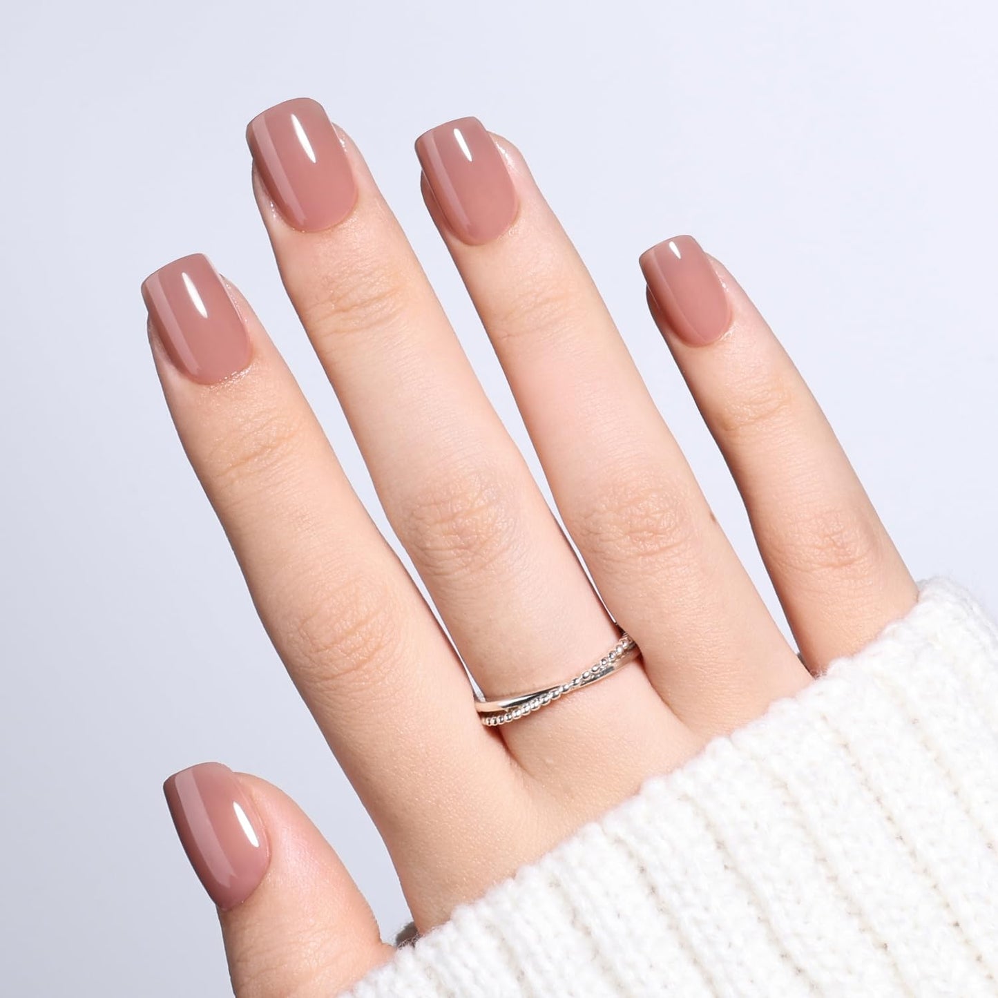 Leefrei Soft Mocha Nude Press on Nails - Short Square Glossy Nails Press ons for Women, Reusable Warm Nude Glue On Nails 30 Pcs 15 Sizes Fake Nails Kit with Glue, Soft Mocha