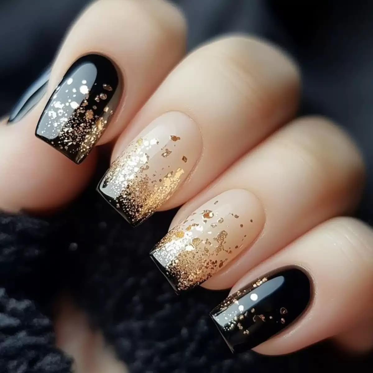 Medium Press on Nails Square - Black Fake Nails with Gold Glitter Design - French Tip Stick on False Nails - for Women 24 Pcs