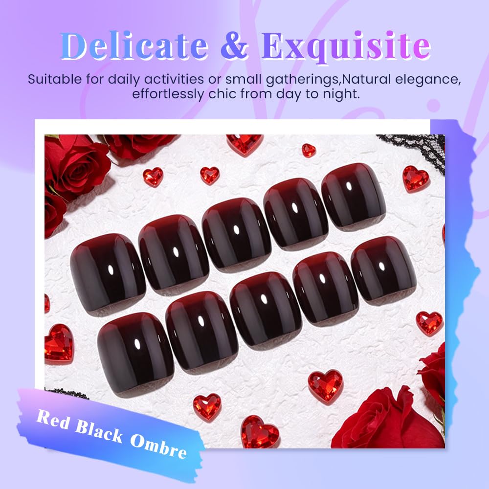 evpct Red Black Ombre Press on Toenails Square for Women Gift,Glossy Square Fake Stick Press on Toe Nails, Soft Stick on Toenail Set with Kit, Lightweight Perfectly Fit Full Cover Fake Toenails 32Pcs