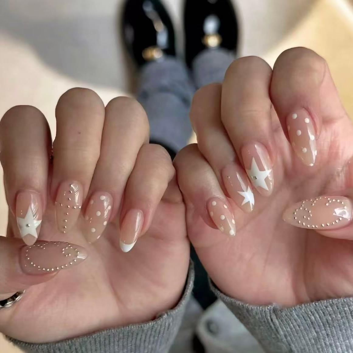 Handmade French Tip Press on Nail Almond Fake ons with Designs Chrome False Nails Long Glossy Full Cover Glue on Nails Stick Women Nails Manicure Decoration 10Pcs (MT-177-M)