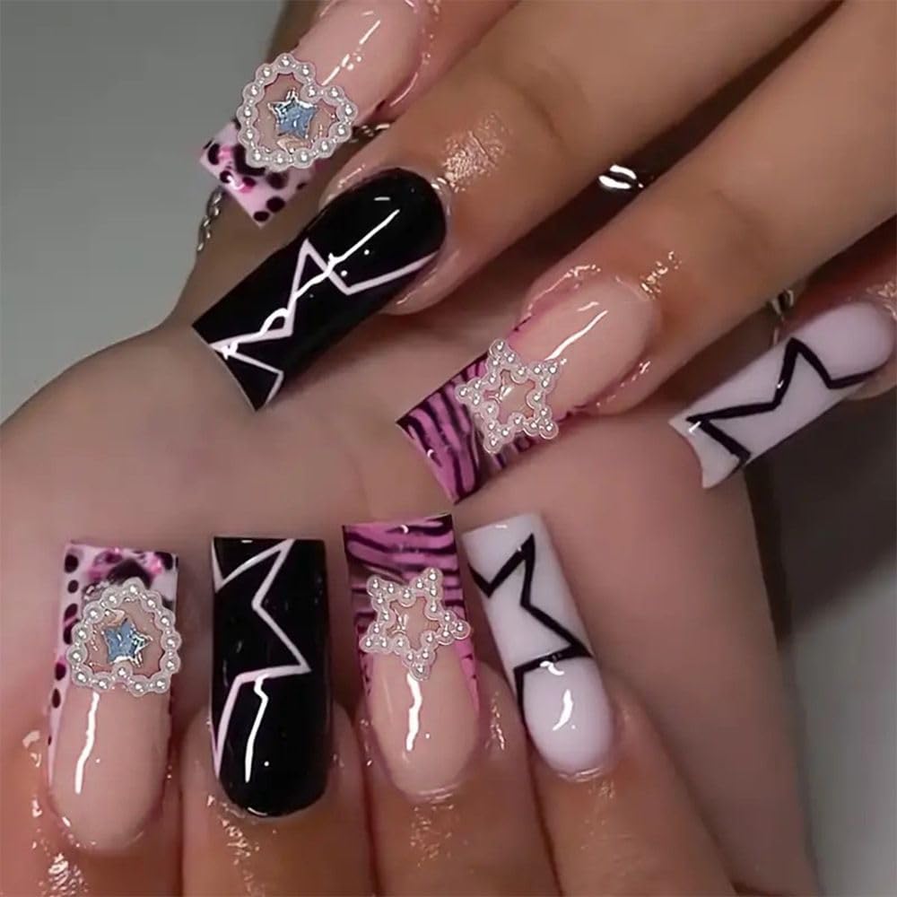 plalely Press on Nails French Tip, Handmade Acrylic Press on French Tip Nails with Flower Designs，Long Square Nail Press Ons for Women 24pcs