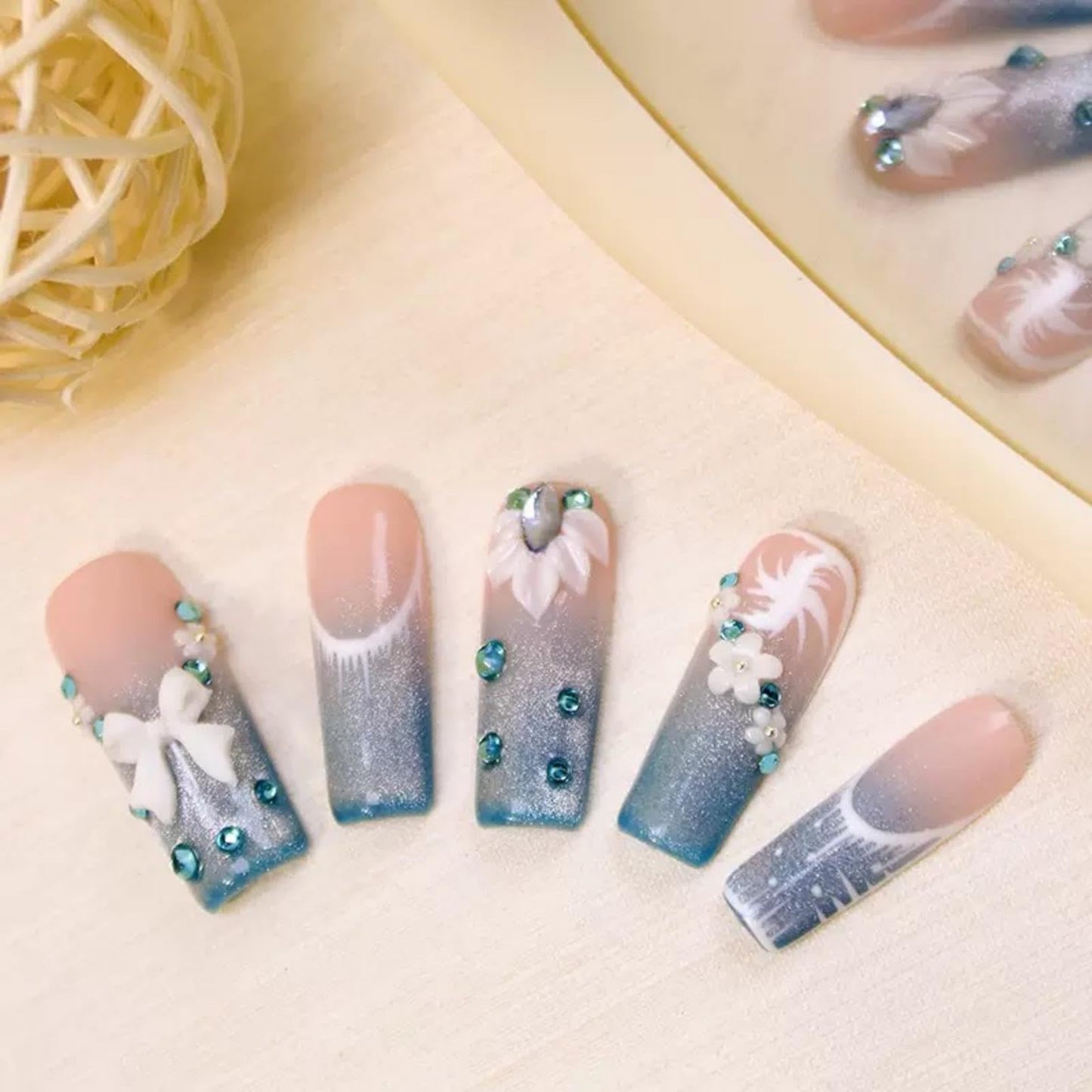 100% 5D Handmade Press on Nails Ombre Blue Fake Nails with Bow Charms Long Square Nails Press ons- French Tips False Nails Glitter Press on Nails for Women Girls Daily Wear DIY Manicure Size M