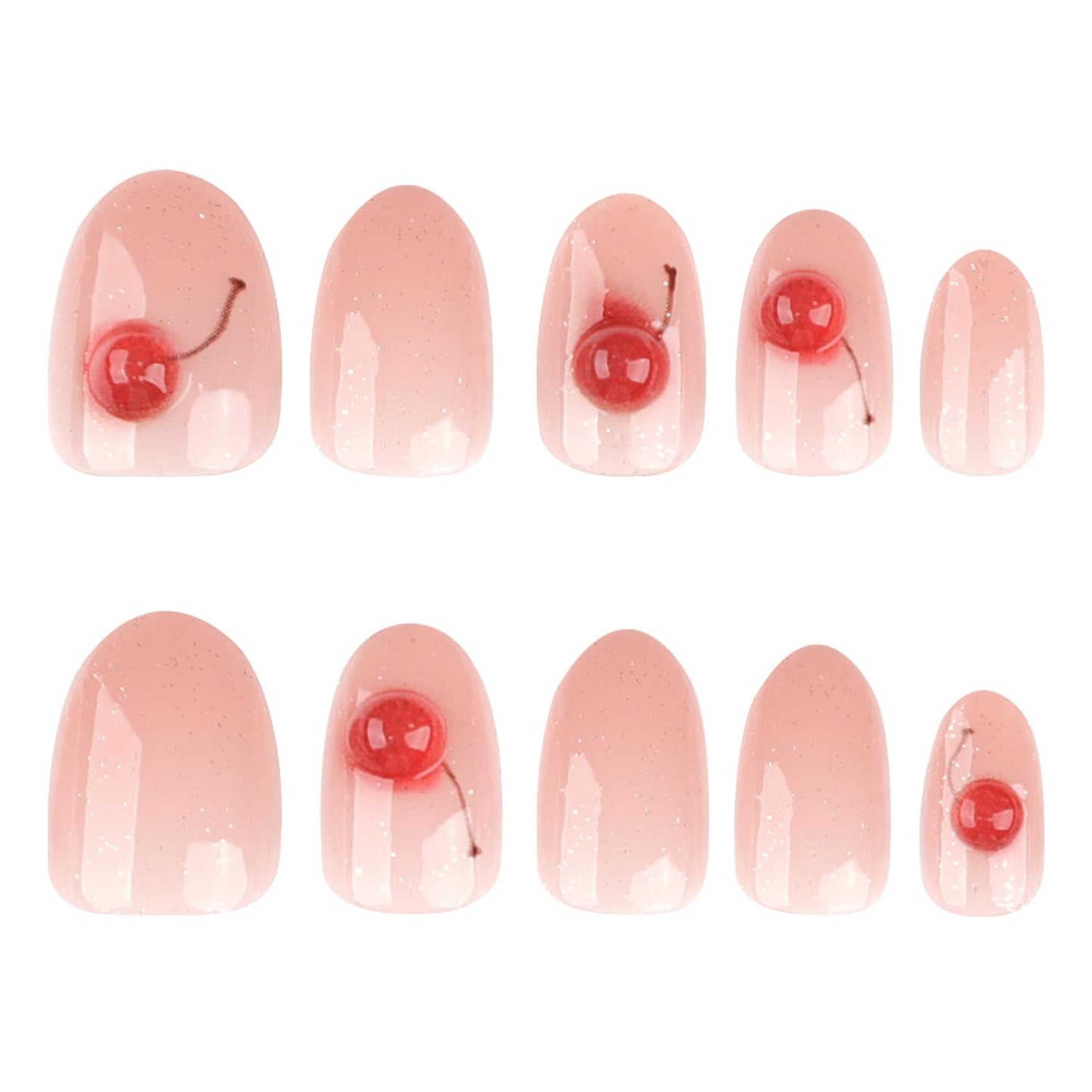 Pink Cherry Press On Nails Short Round Soft Gel Fake Nails with 3D Jelly Fruit Design, Glitter Nude Glossy Reusable On Nails for Women Girls Cute Manicure Set 24PCS