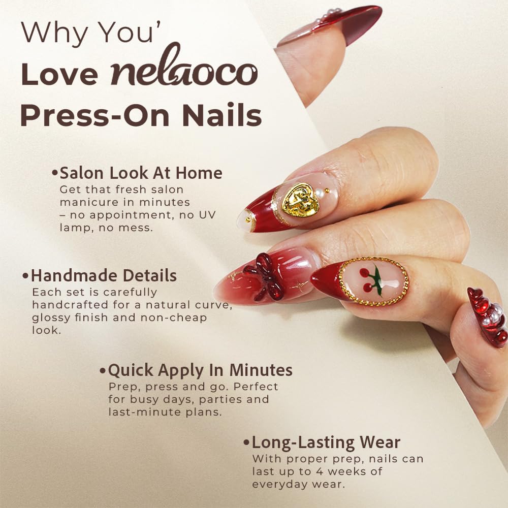 Nelaoco 10PCS Handmade Press On Nails REUSABLE 3D Gel Fake Nails Acrylic Slim Natural Profile Glassy Shine & Detail-Focused Finish (Gardenia Frost - S)