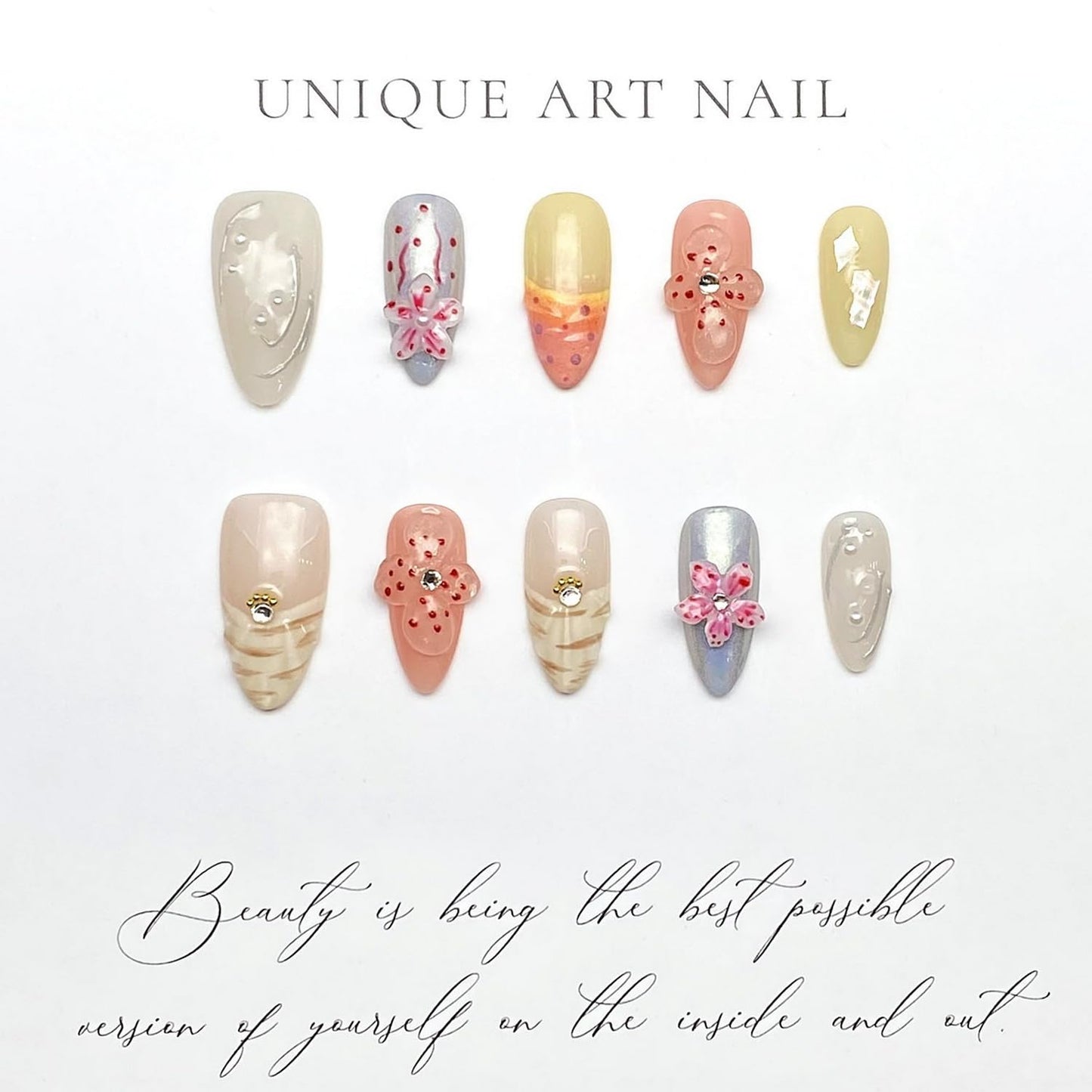 Handmade Press on Nails Medium Almond 3D Flower Fake Nails Unique False Nails with Designs Rhinestones Pearls Glossy Glue on Reusable Thick Acrylic Nails 10Pcs (M)
