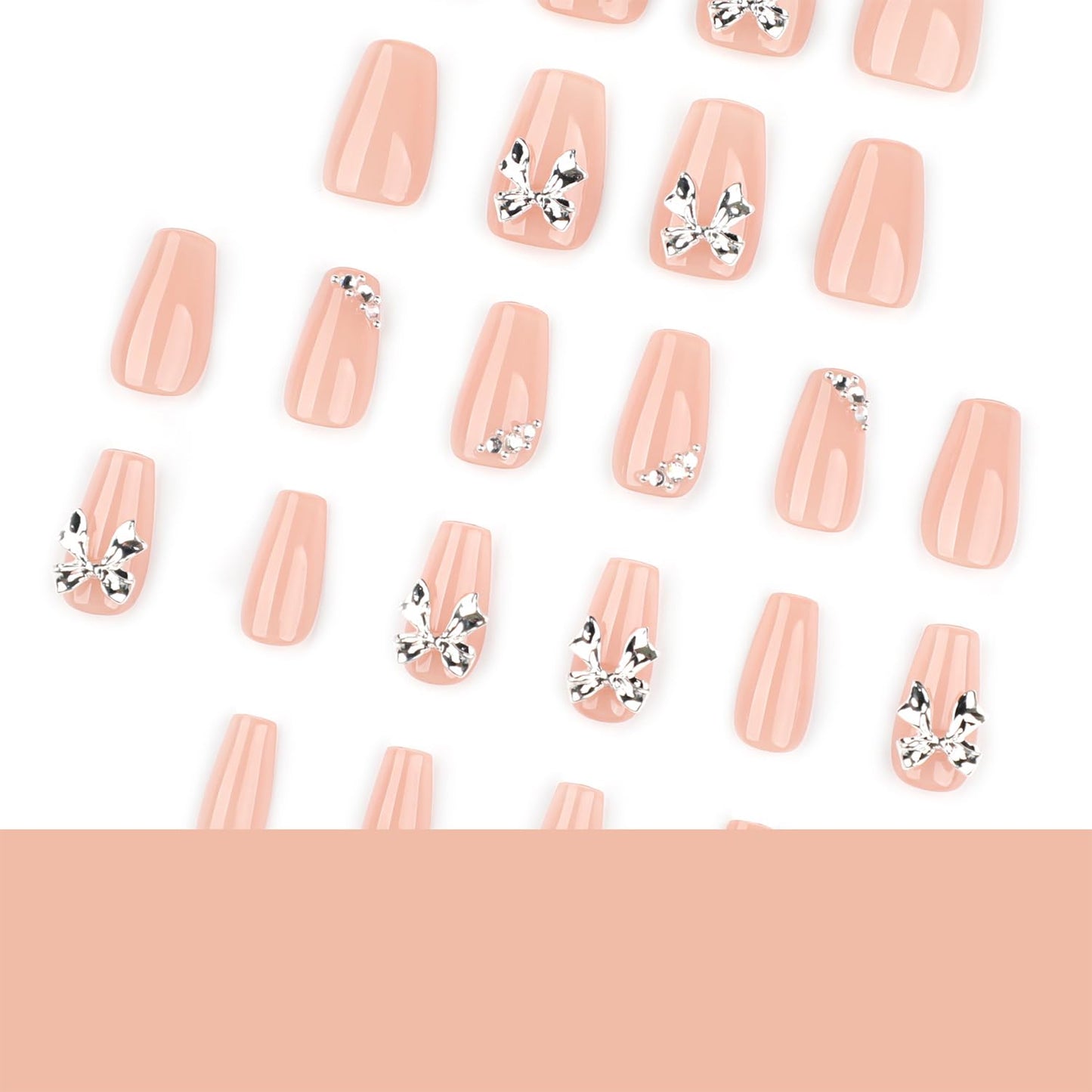 Vopintpy 3D Silver Bow Press on Nails Short Square Fake Nails with Design Nude Glossy Acrylic Glue on Nail Reusable Full Cover Artificial Stick on Nail for Women DIY Manicure
