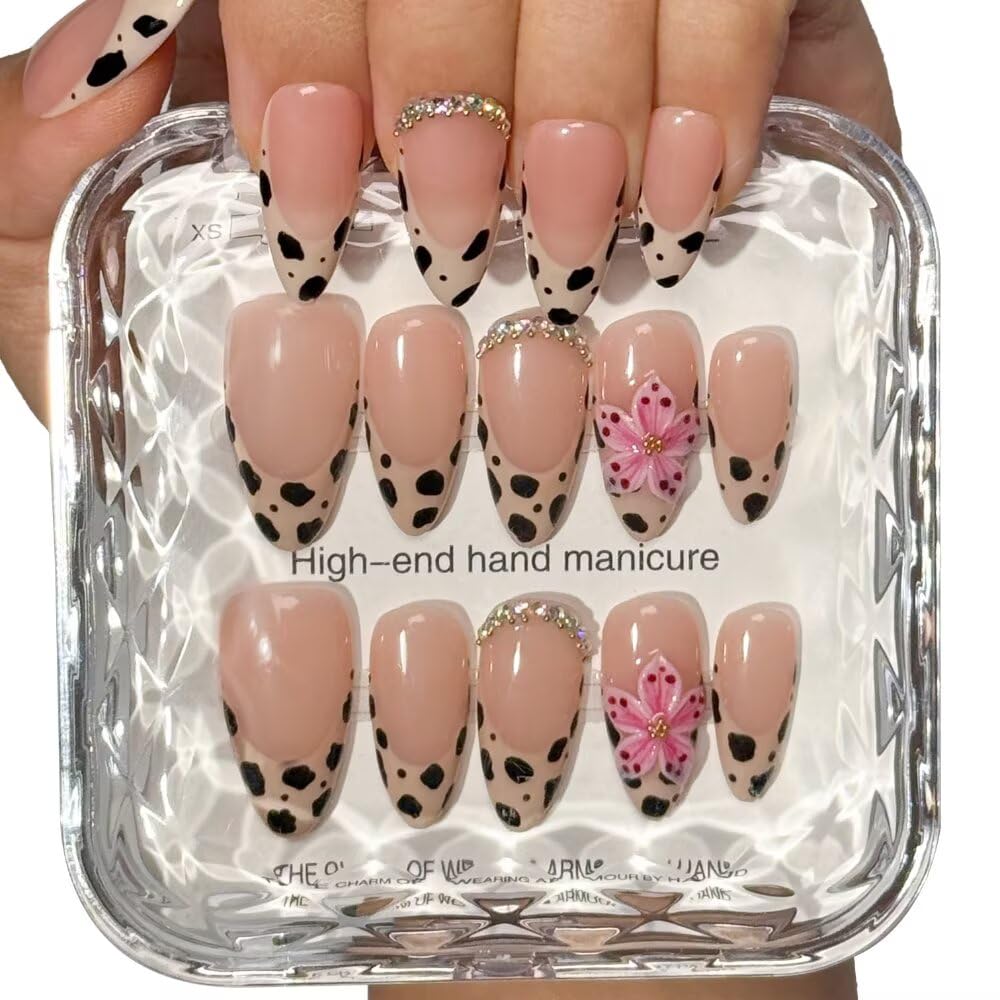 MAGLFELL Press On Nails Handmade Almond Fake Nails, Painting French 3D Leopard Print and Floral Design, Reusable Artificial False Nails for Women 15 Sizes - 30Pcs Stick On Nails Kit