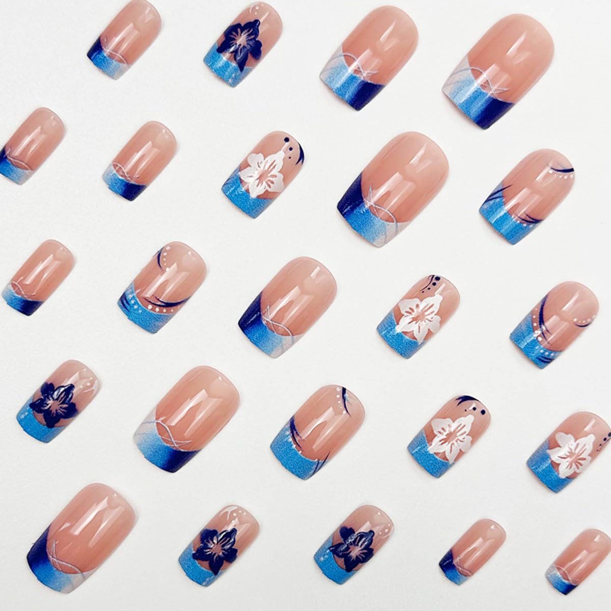 48Pcs Blue French Press on Nails Short & Press on Toenails Set - WLGDLH Fake Nails Press ons Nail Art Tips Cute Glue on Nails Full Cover Blue Fake Toe Nail White Flower Design Acrylic Nail Kit