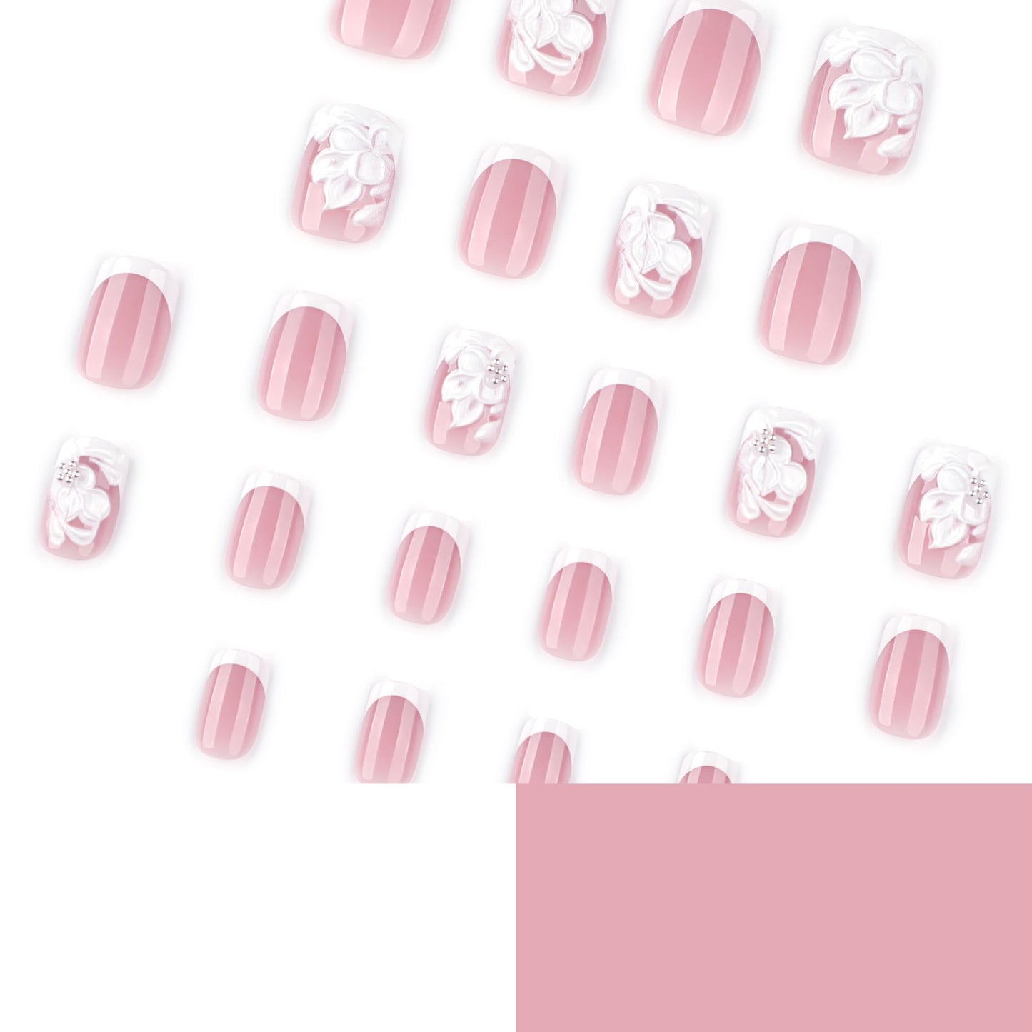 OCOUYVD 24 Pcs 3D Flower Press-on Nails White French Tip False Nails Embossed Floral Steel Ball Designs Spring Short Square Glossy Acrylic Nails Full Cover Stick-on Nails for Women Nail Art