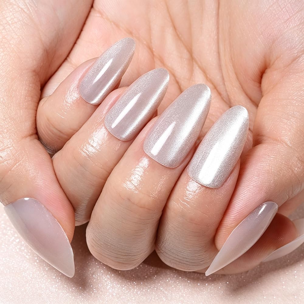 evpct Pearl Cat Eye Press on Nails Almond Medium for Women, Pearl White Medium Almond No Glue Stick on Nails with Cat Eye Design, Holographic Glossy Soft Nail, Reusable Press on Acrylic Fake Nail