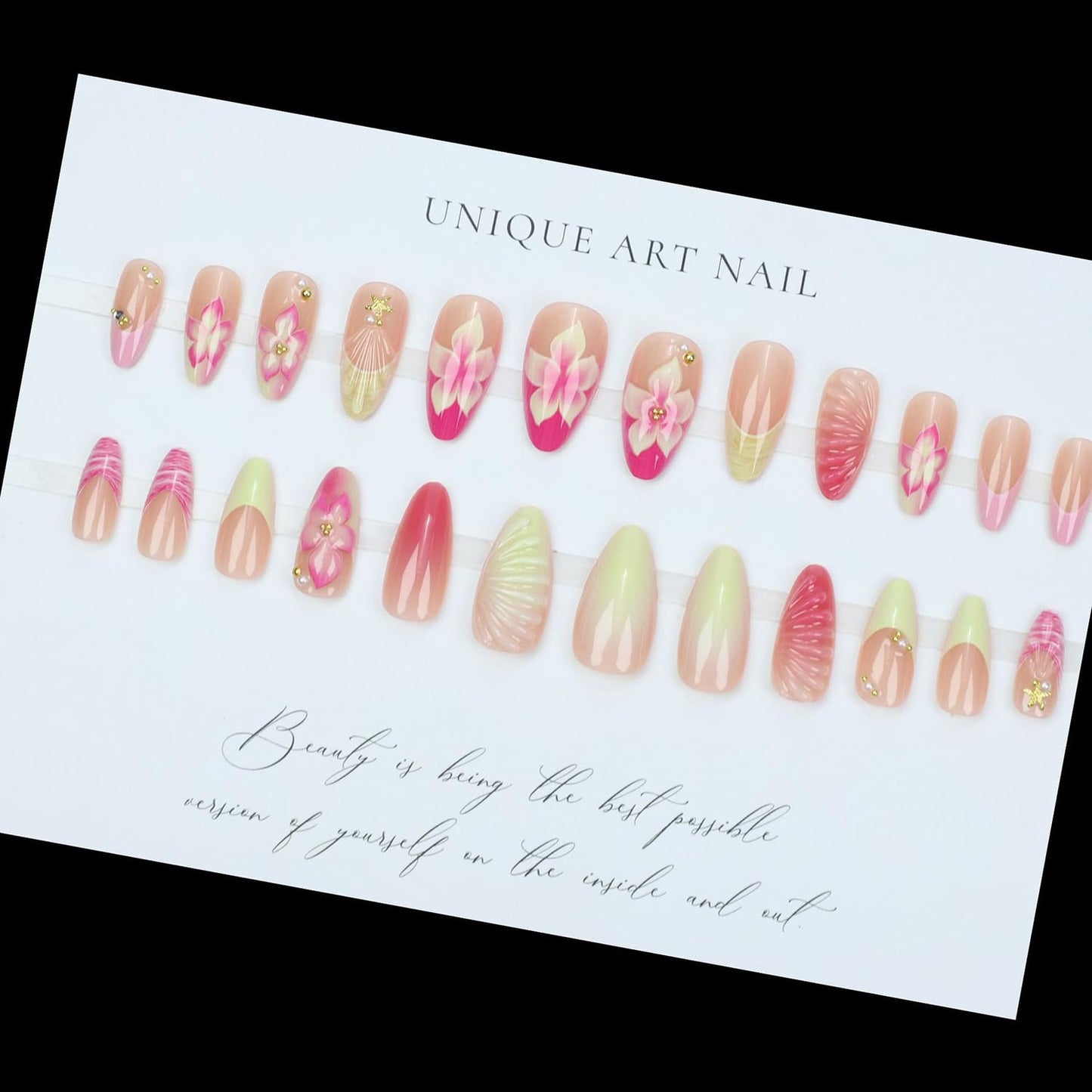 Summer Press On Nails French Fake Nails Press Ons With Gold Starfish Design Pearls Stick On Nails Flower False Nails Glossy Water Ripple Artificial Glue On Nails For Women Nail Supplies