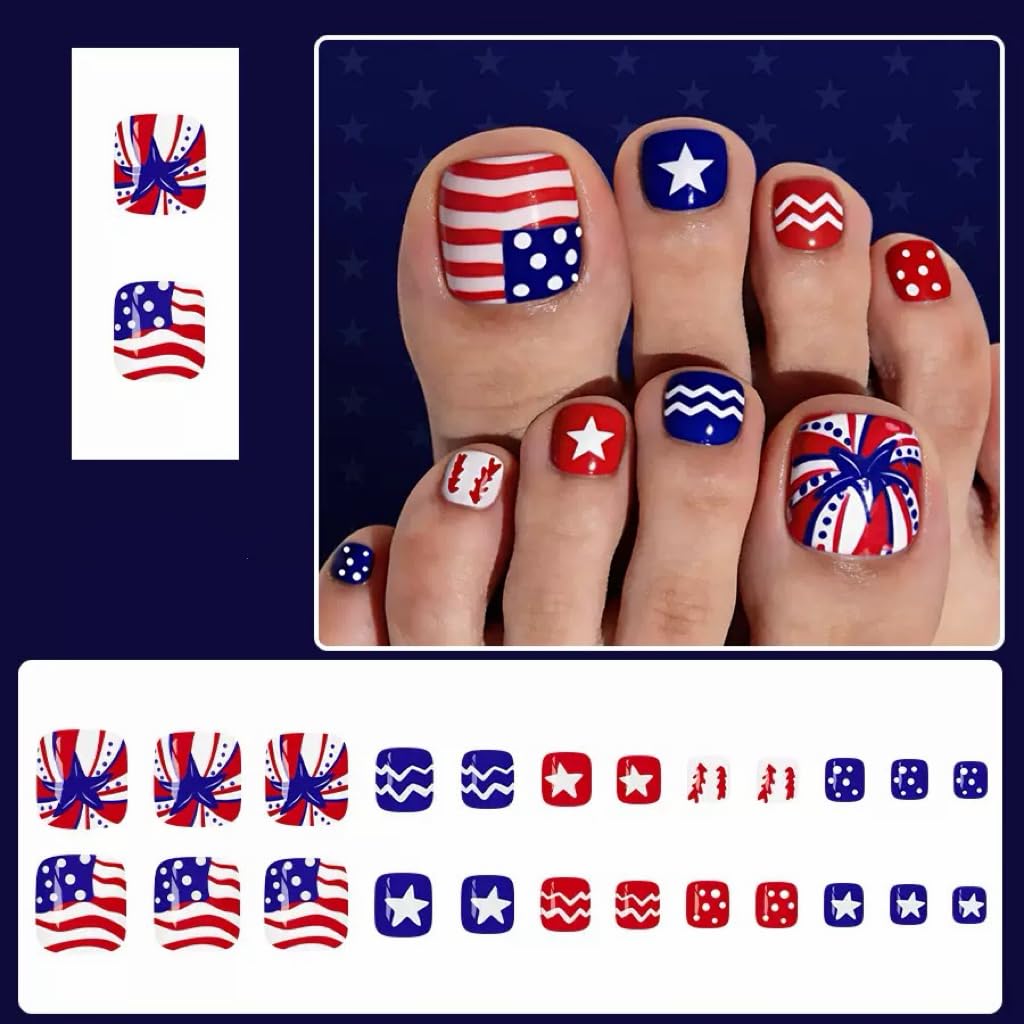 CTTHNBD Press on Toenails - 4th of July Fake Toenails with Star Line Design - Blue, Red, Independence Day Press on Toe Nails for Women - 24 Pcs