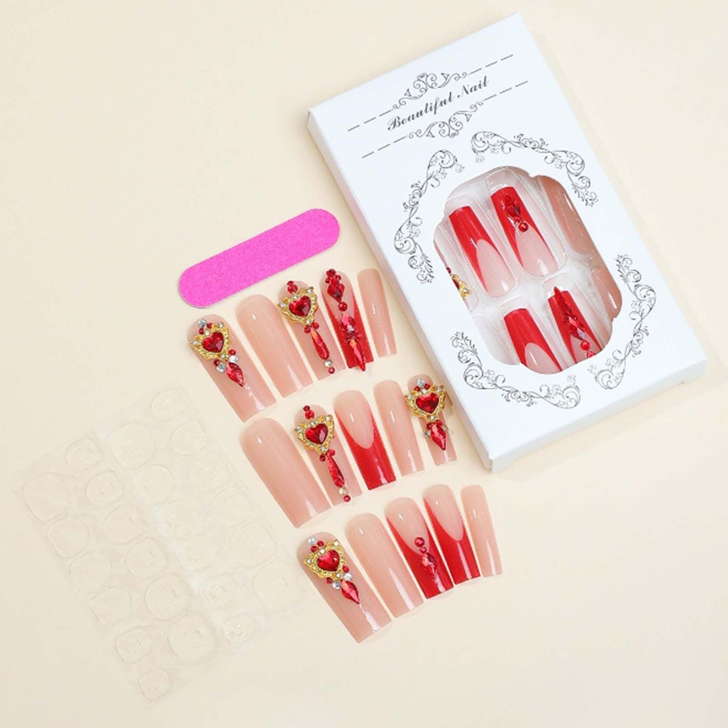 Gifiky Long Square Press on Nails French Fake Nails Red Nails Tips Full Cover Crystal Gem Design False Nails for Women and Girls 24Pcs