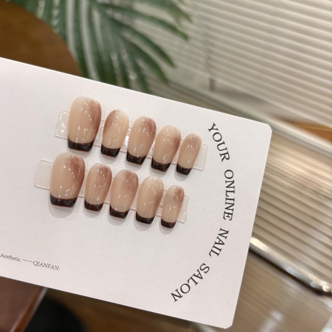 Mocha Gradient French Tip Press On Nails, Medium Almond Shape, Reusable Manicure Set，Gradient Nude Fake Nails for Office Wear (L)