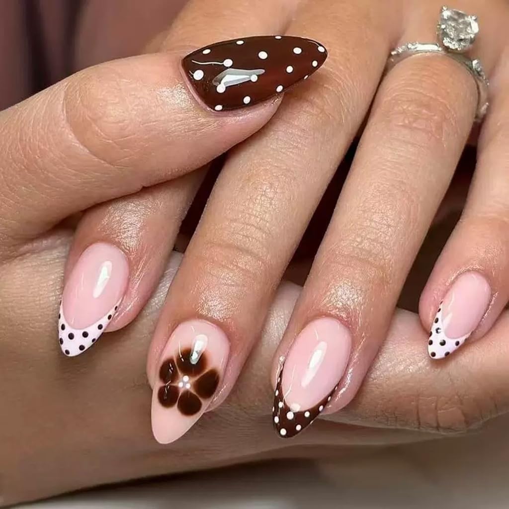 6 Packs (144 Pcs) Press on Nails Short Square, Almond Press on Nails, with Leopard Print Polka Dot Design French Tip Fake Nails for Women - 12 Sizes, 6Styles