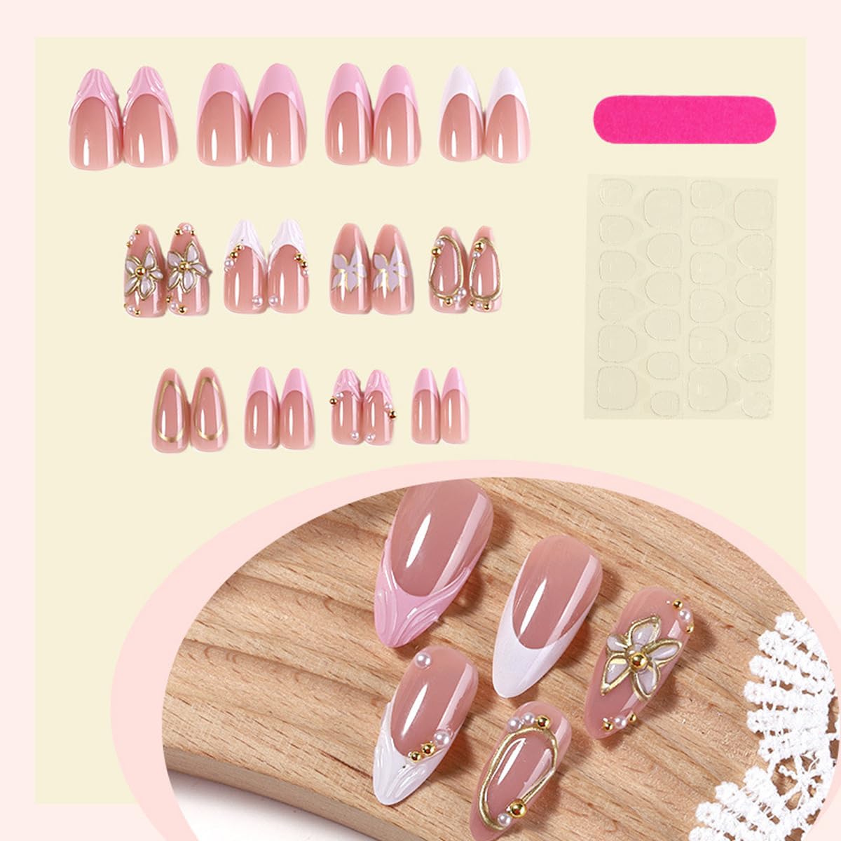 3D Wave French Tip Press on Nails - Medium Almond Fake Nails with Gold Flower | Line | Pearl Designs False Nails Spring Glue on Nails Full Cover Stick on Nails for Women Manicure 24Pcs
