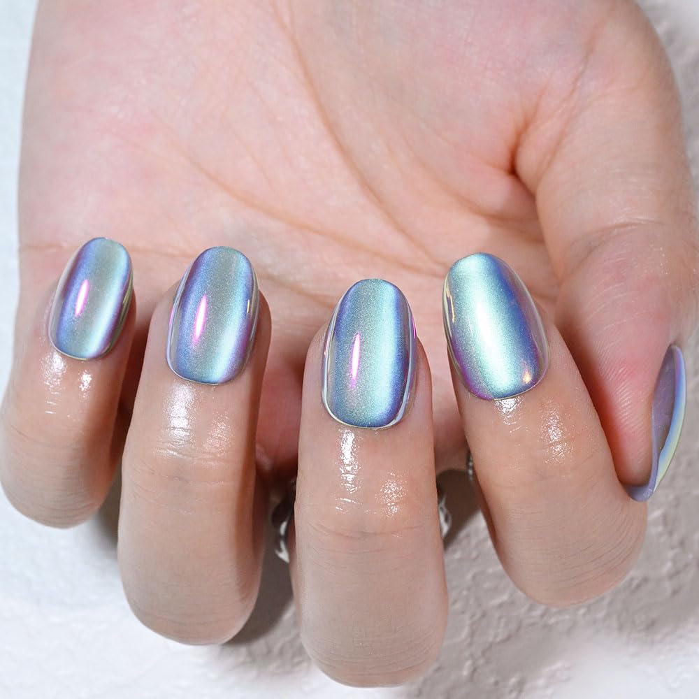 evpct Aqua Blue Cat Eye Chrome Press on Nails Short Oval No Glue with Aurora Design, Purple Holographic Short Oval Stick on Nails for Women Gift, Glossy Cat Eye Effect, Perfectly Fit Salon-quality