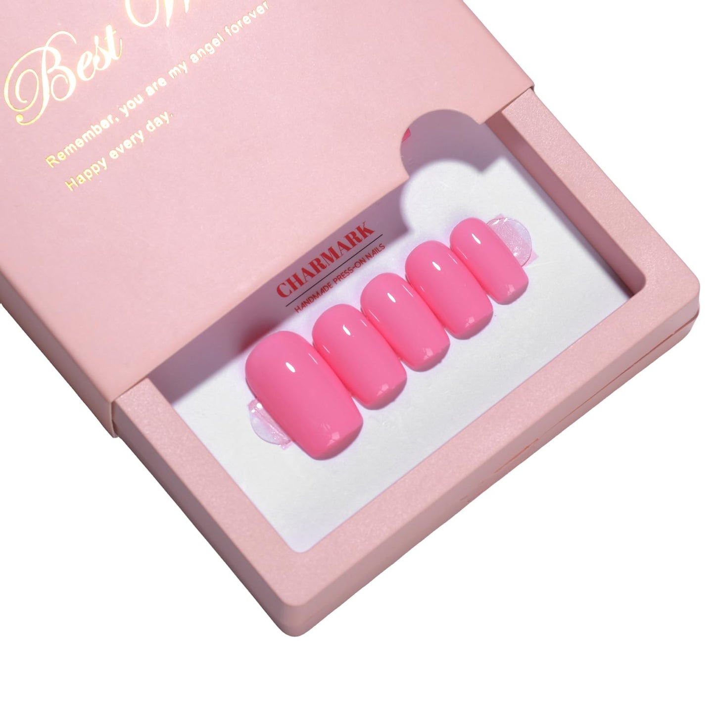 CHARMARK Press on Nails Short Square Handmade Gel Manicure, Unique Exquisite for Daily, Party, Bridal Decorations Nail Kit, 10Pcs Reusable Well Made Glue/Stick on Nail (04.pink, L)