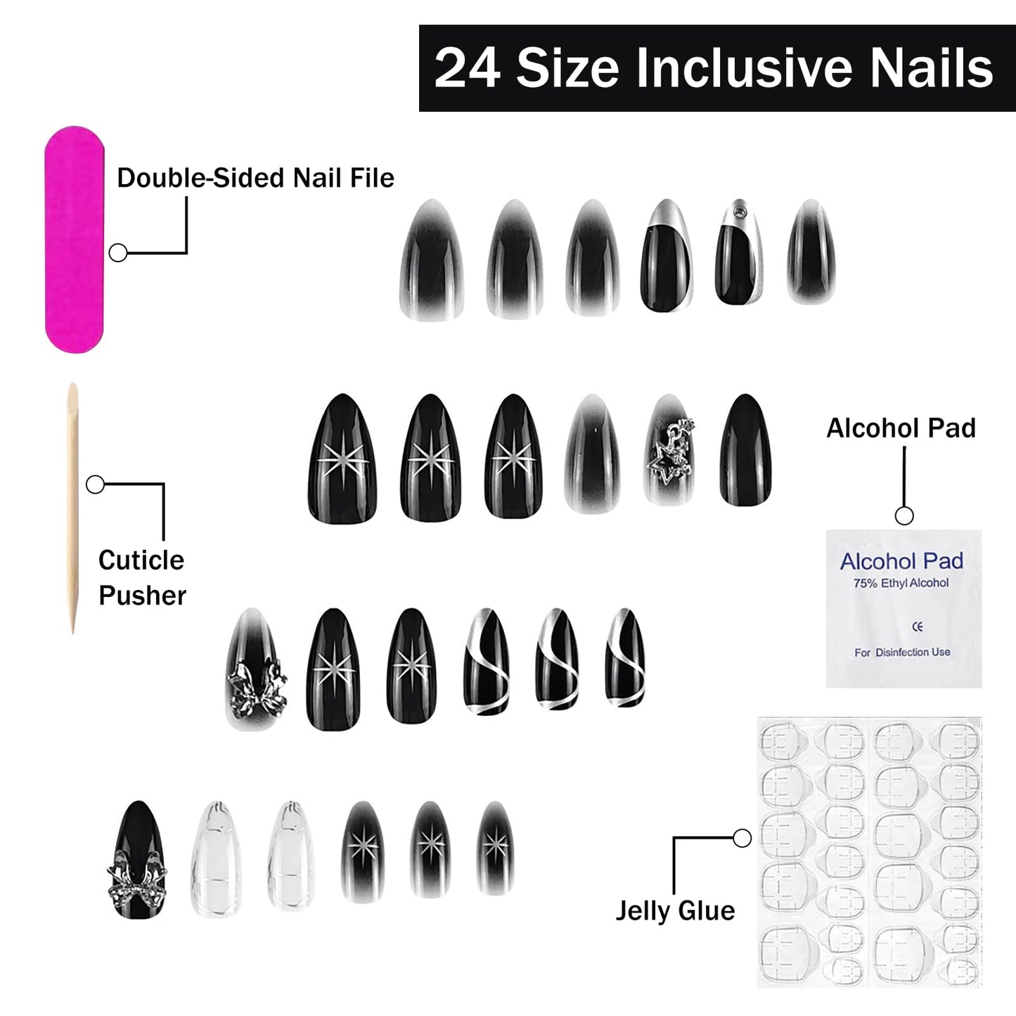 Press on Nails Medium Almond Black Ombre Fake Nails Stars Bow Charm False Nails with Designs Full Cover Dark Styles Acrylic Nails Glossy Glue on Nails Manicure Artificial Nails for Women Girls 24Pcs