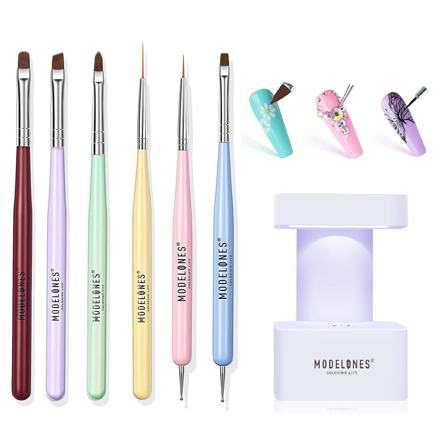 Modelones Nail Art Brushes With Mini Nail LED Lamp, 2022 Newest Gel Polish Nail Art Design Tool for Easy and Fast Nail Extension System, Manicure Set for Salon at Home DIY